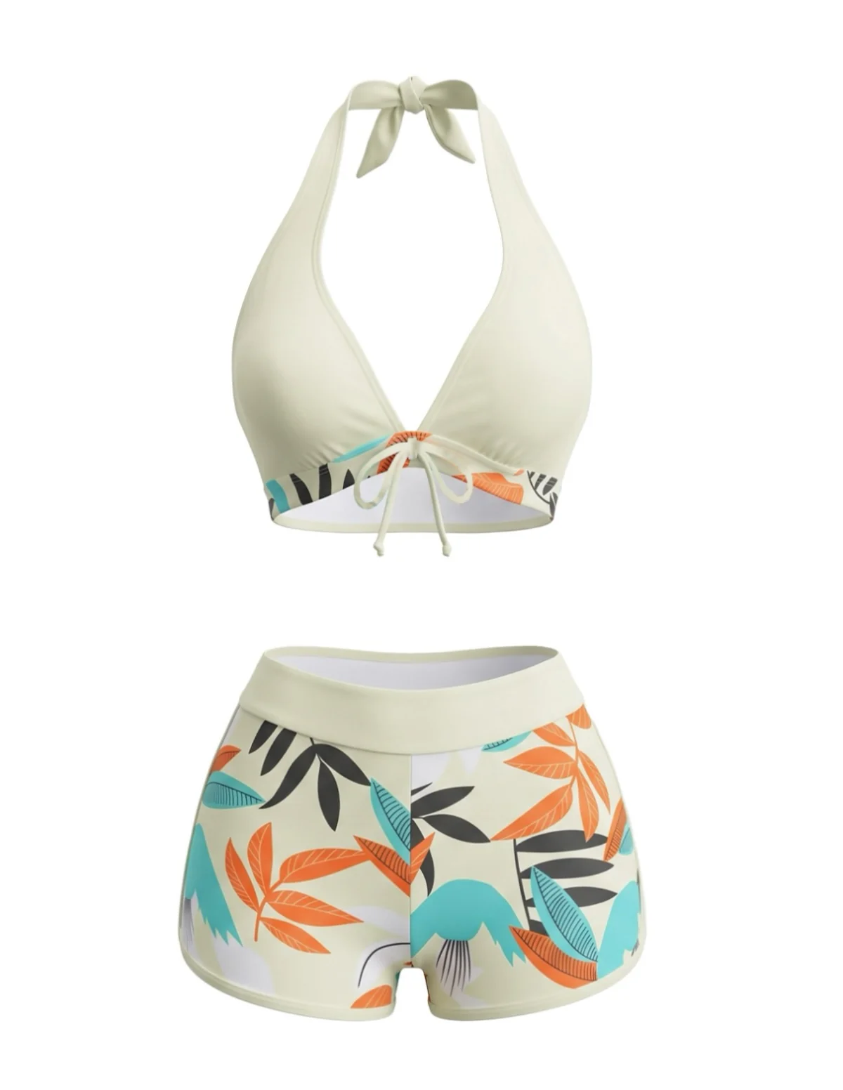 Light Yellow 1950s Halter Leaf-Print Bikini Set