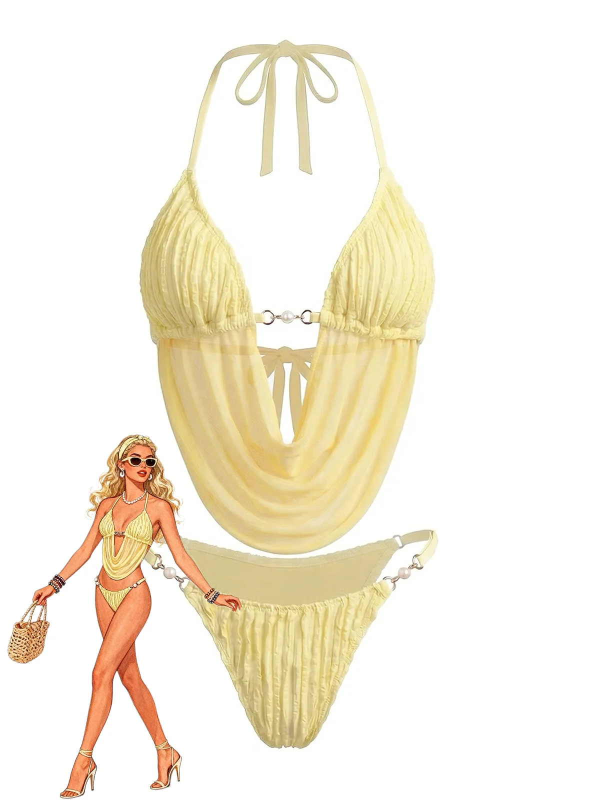 Light Yellow 1980s Sheer Halter Ruched Bikini Set