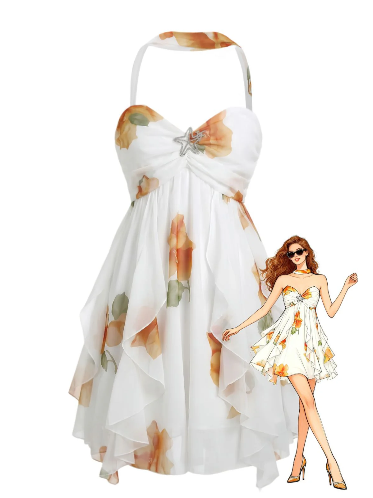 Light Yellow 1960s Halter Backless Irregular Hem Mini Dress