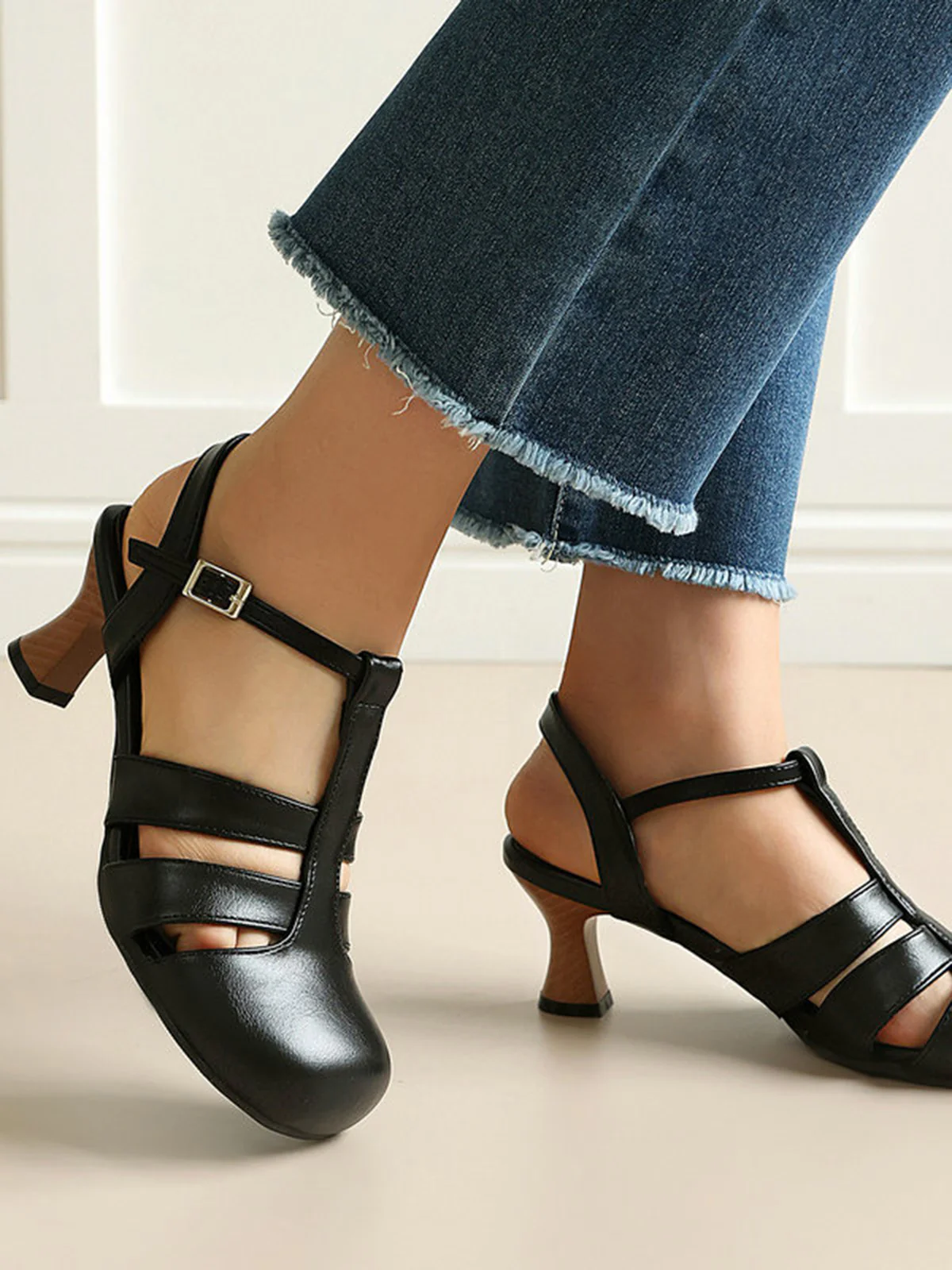 Mary Jane Cutout Ankle T-Strap Chunky Heels - Image 3