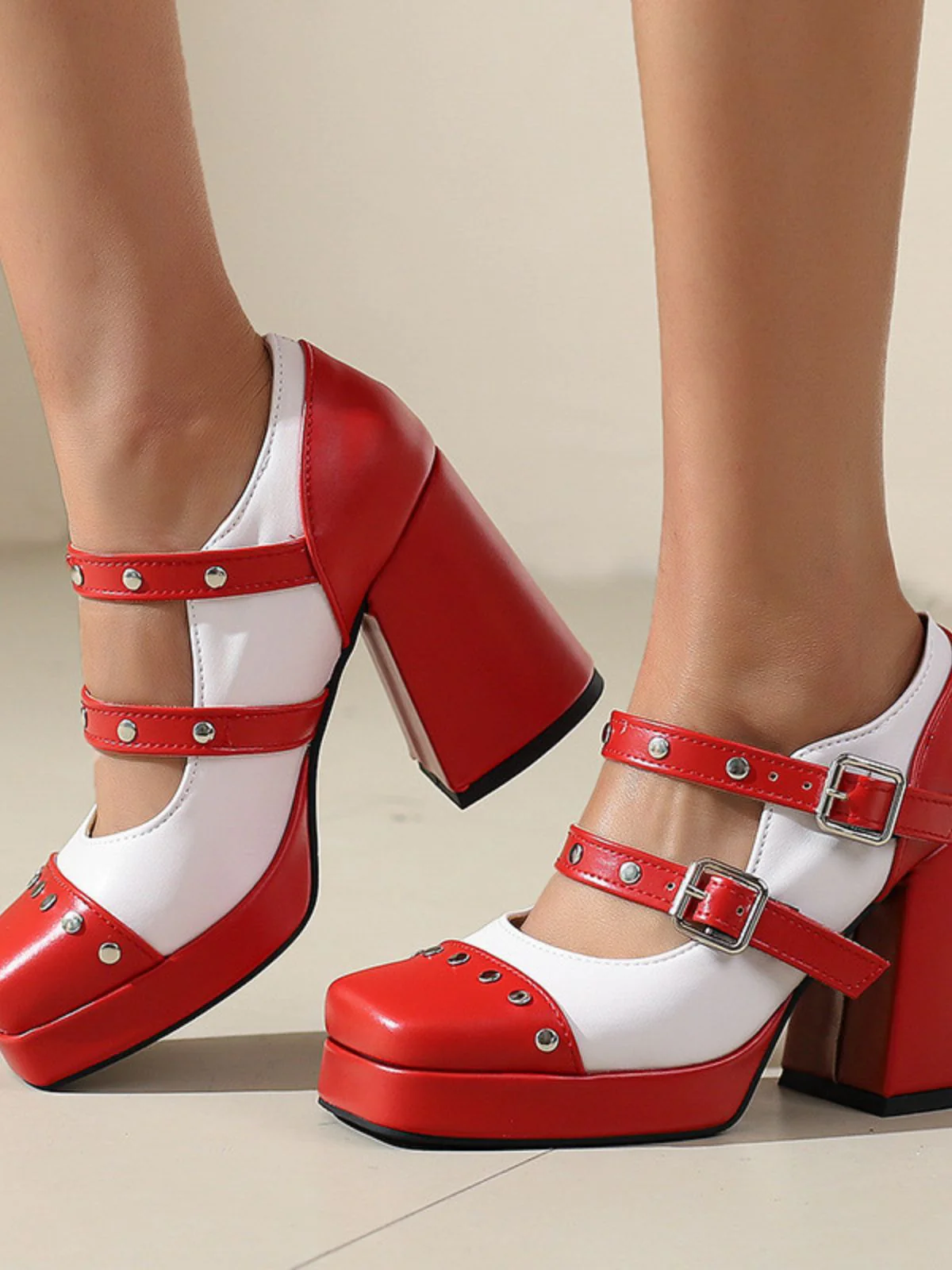 Mary Jane Studded Square Toe Block Heel Shoes - Image 2