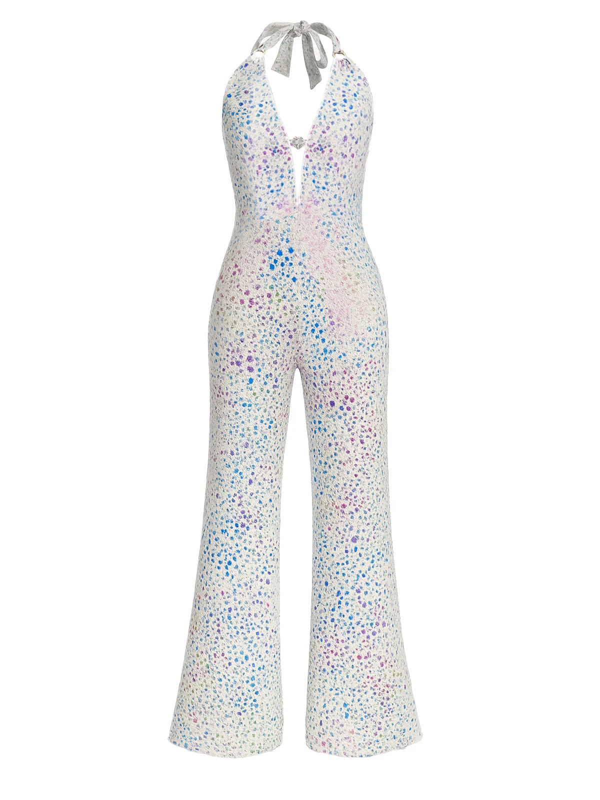 Metallic 1980s Leopard Halter Deep-V Backless Jumpsuit - Image 2