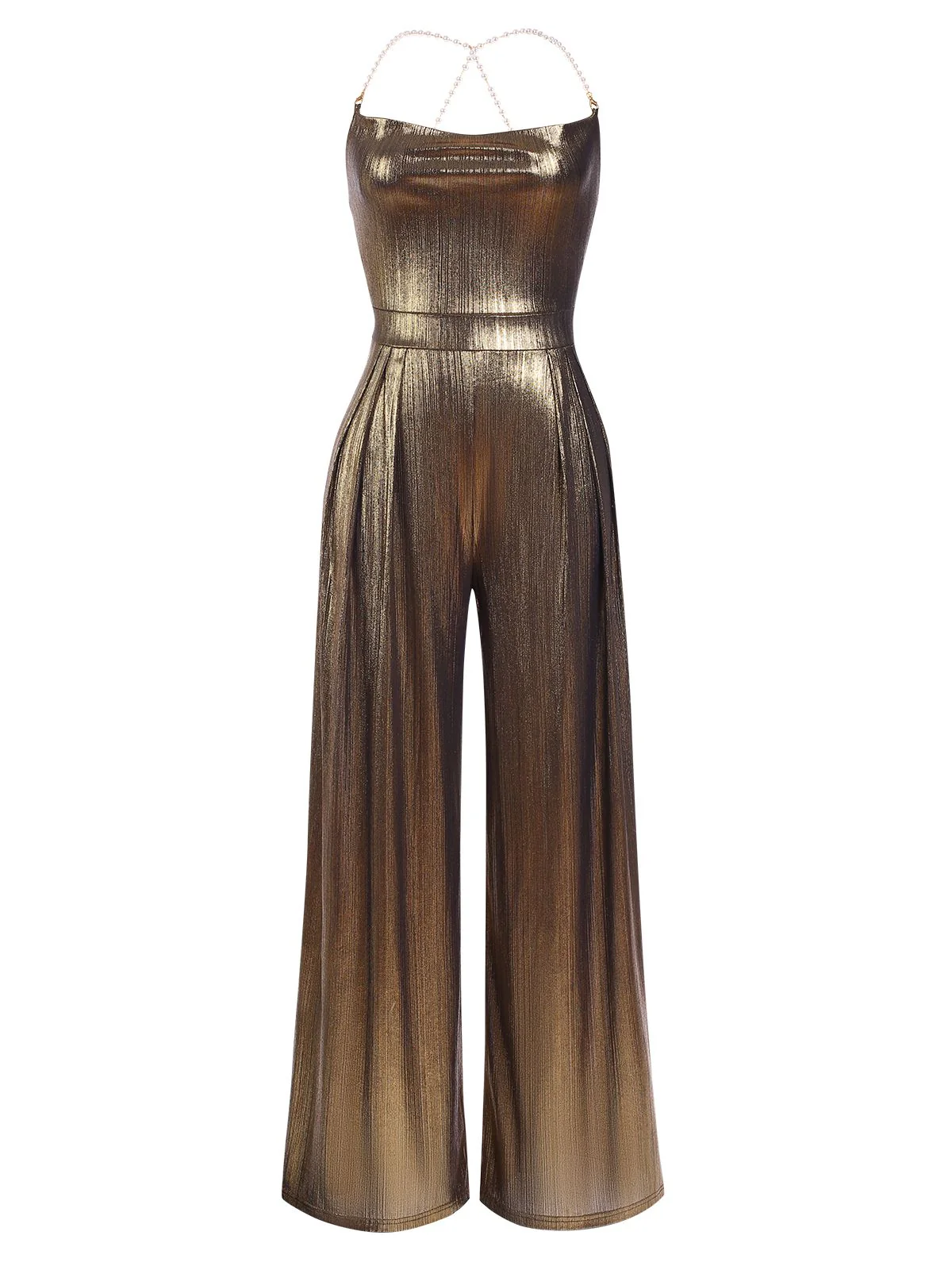 Metallic Gold 1980s Cowl Neck Spaghetti Strap Jumpsuit - Image 4