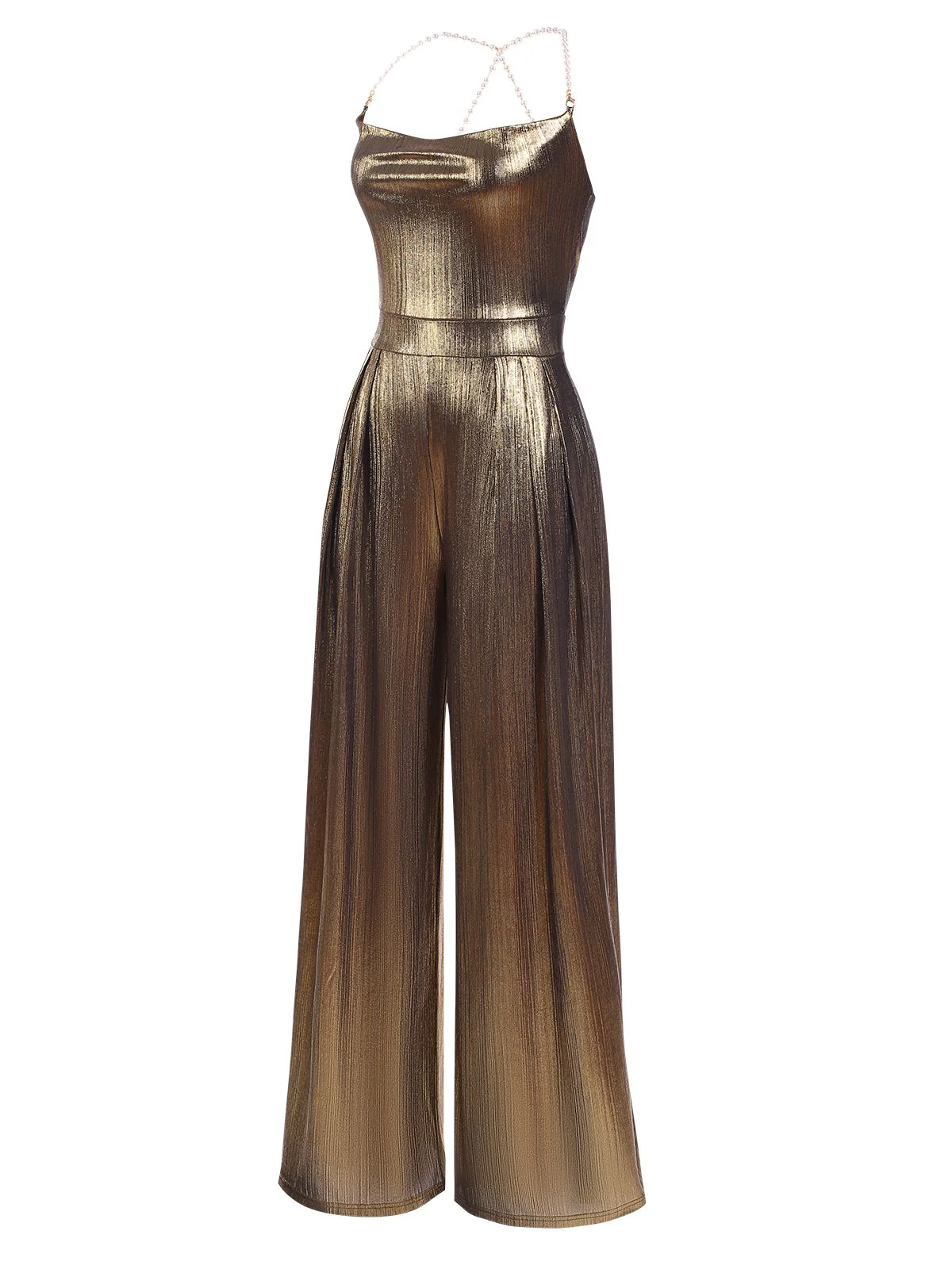 Metallic Gold 1980s Cowl Neck Spaghetti Strap Jumpsuit - Image 5