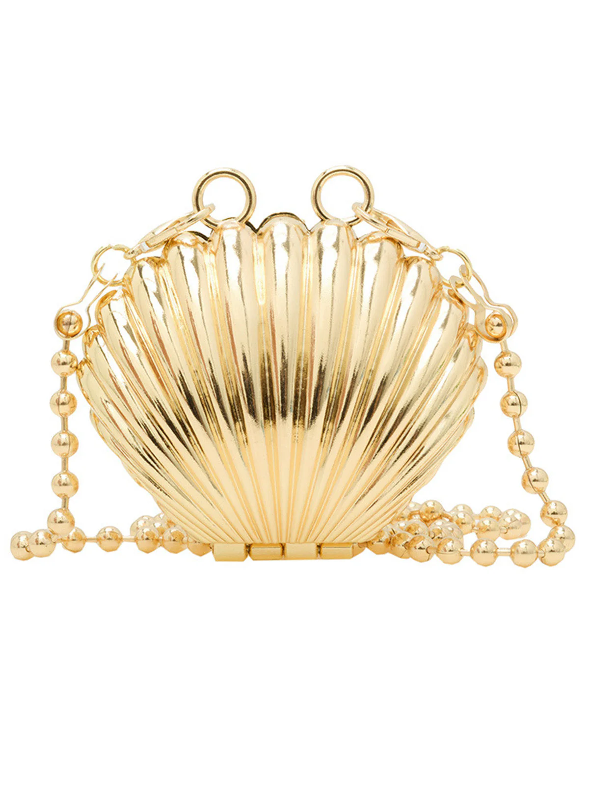 Metallic Shell-Shaped Beaded Chain Clutch Bag