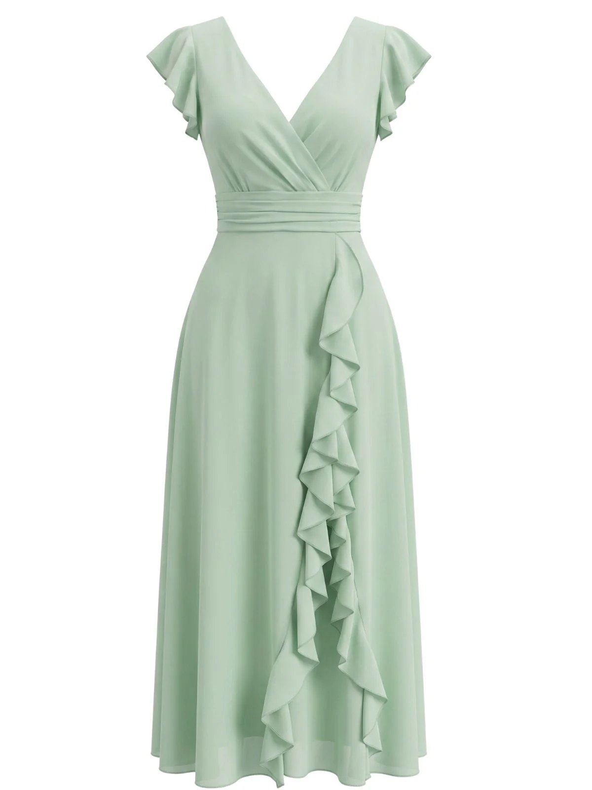 Mint Green 1930s Chiffon Ruffle V-Neck A-Line Dress