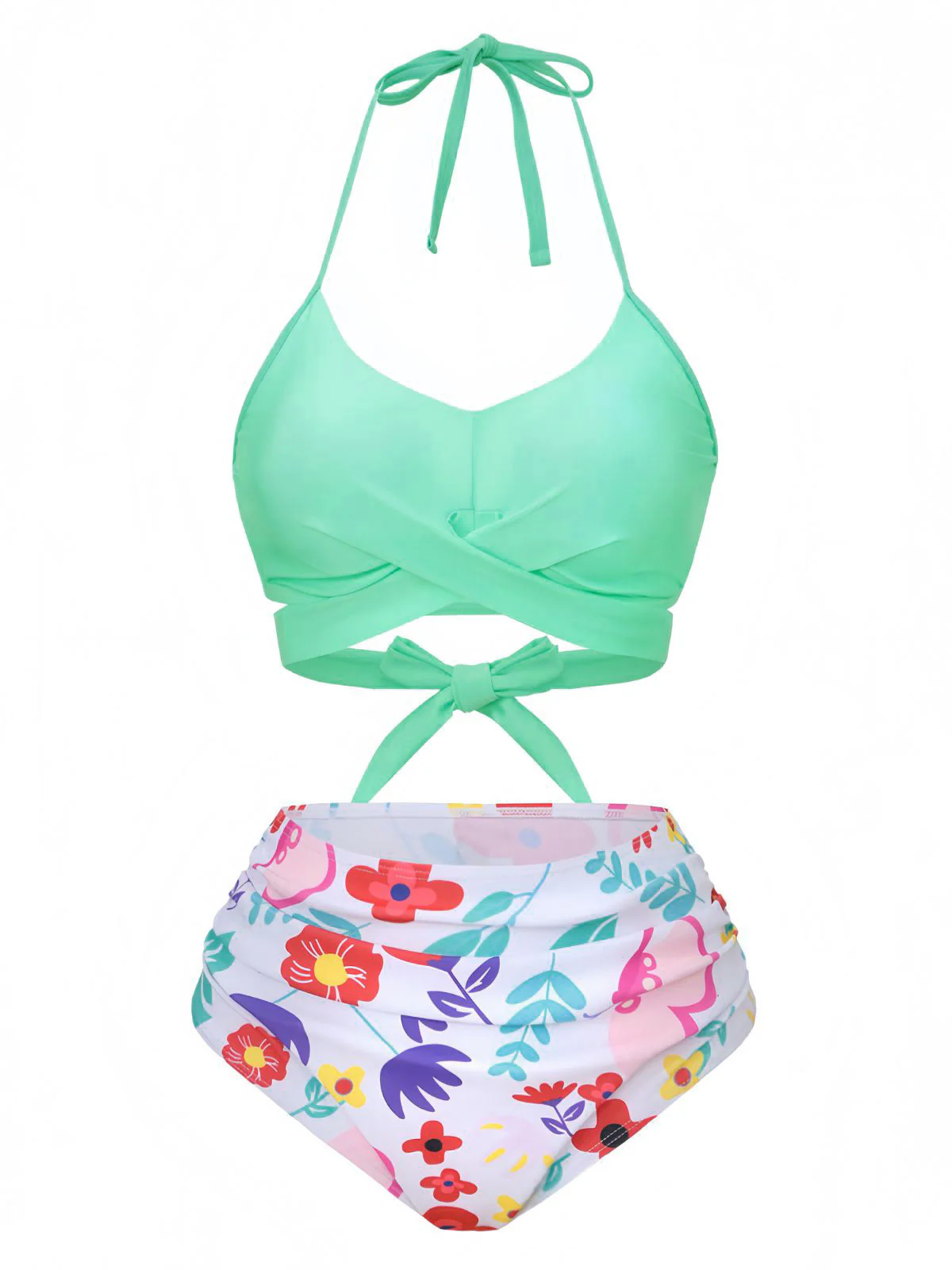 Mint Green 1940s Floral High-Waist Bikini Swimsuit - Image 2