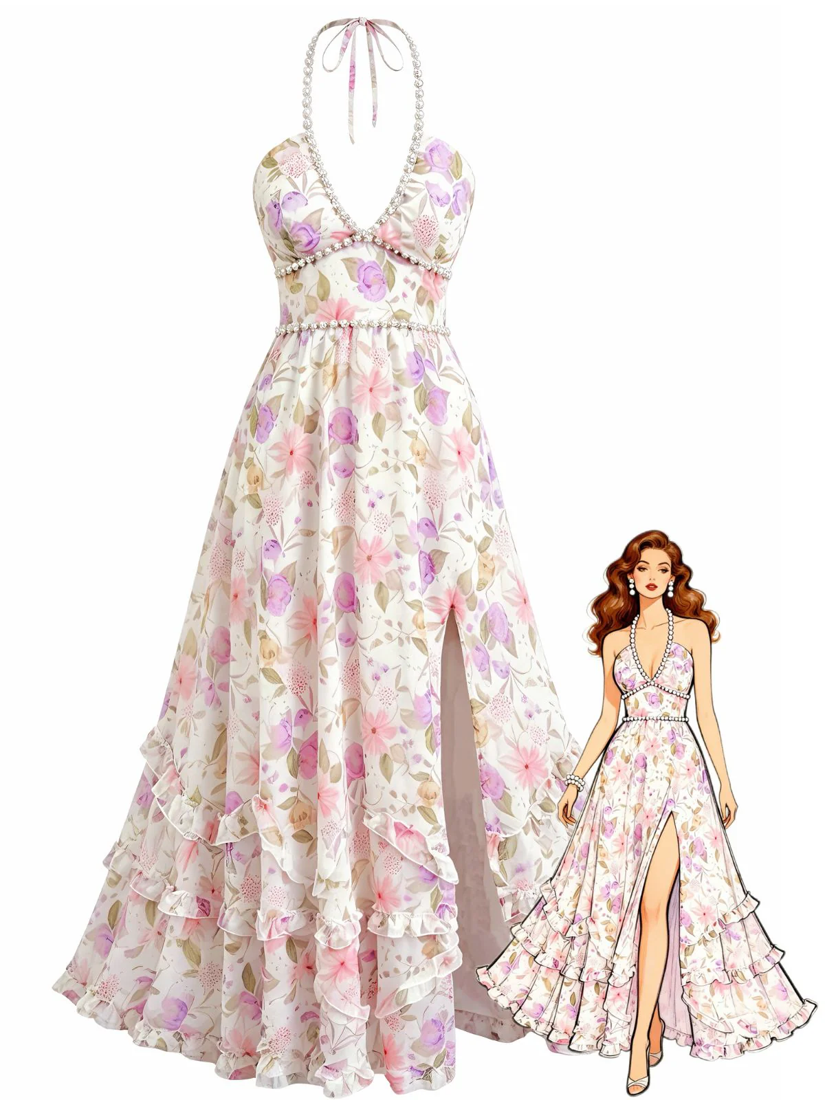 Multicolor 1930s Floral Halter Maxi Dress
