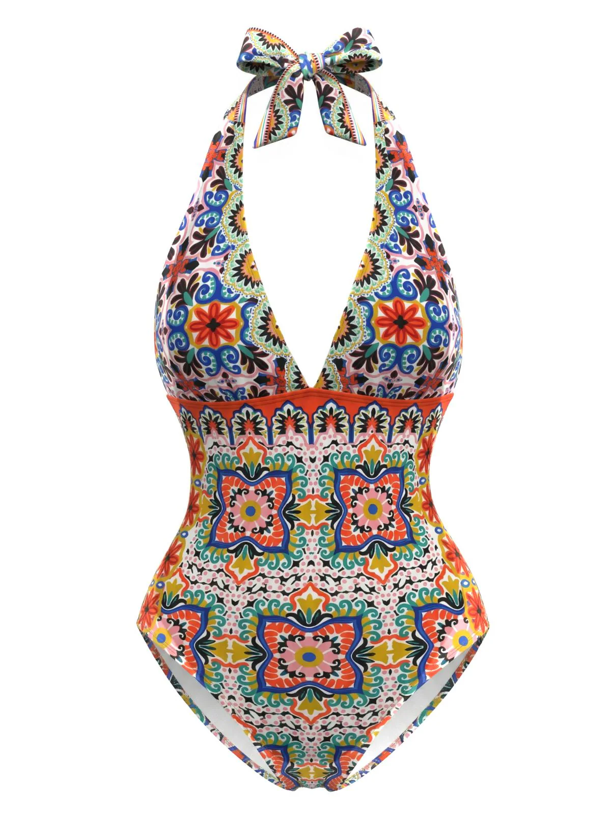 Multicolor 1930s Mediterranean Print Halter One-Piece Swimsuit
