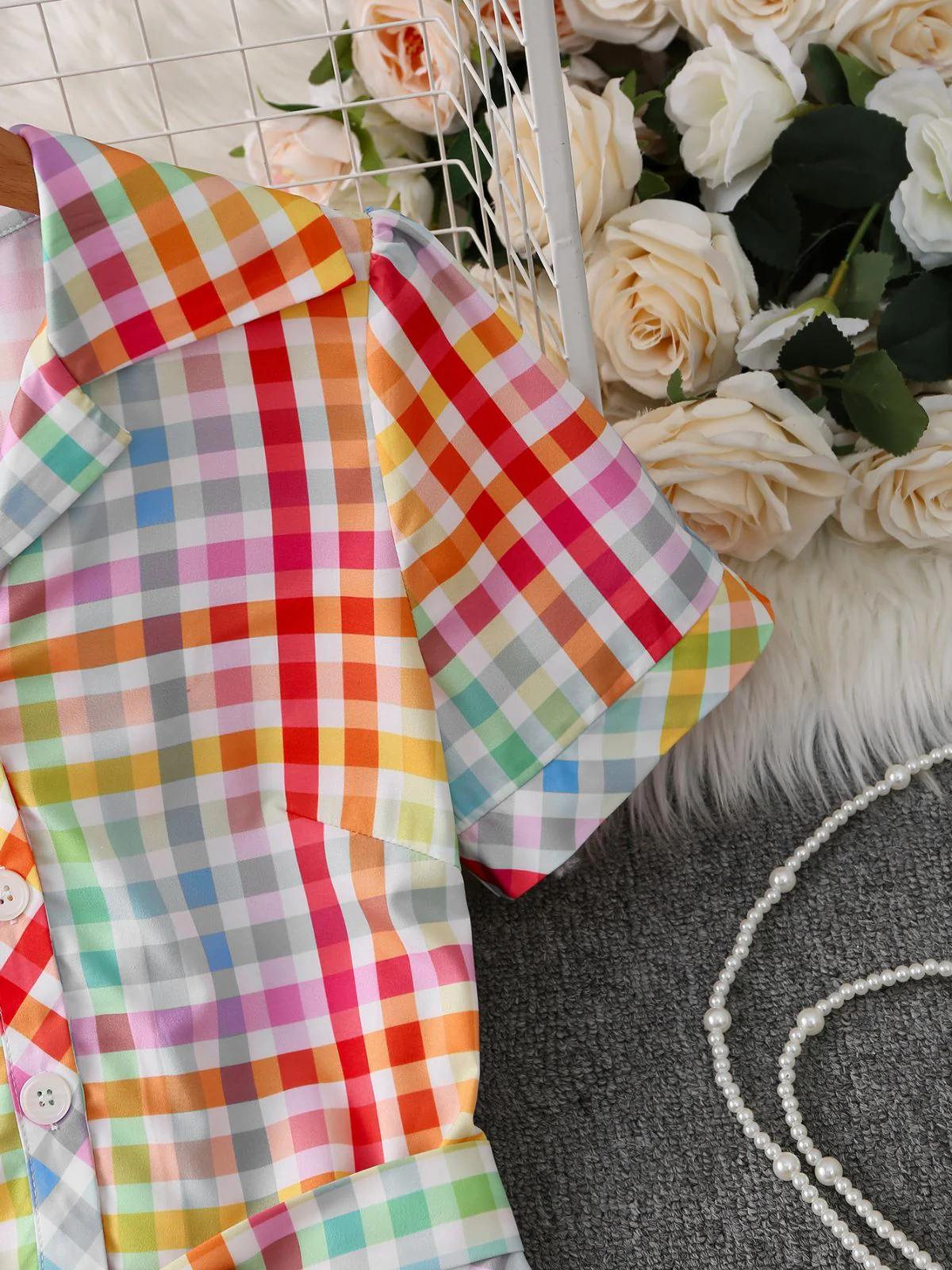 Multicolor 1940s Plaid Lapel Short Sleeve Dress - Image 5