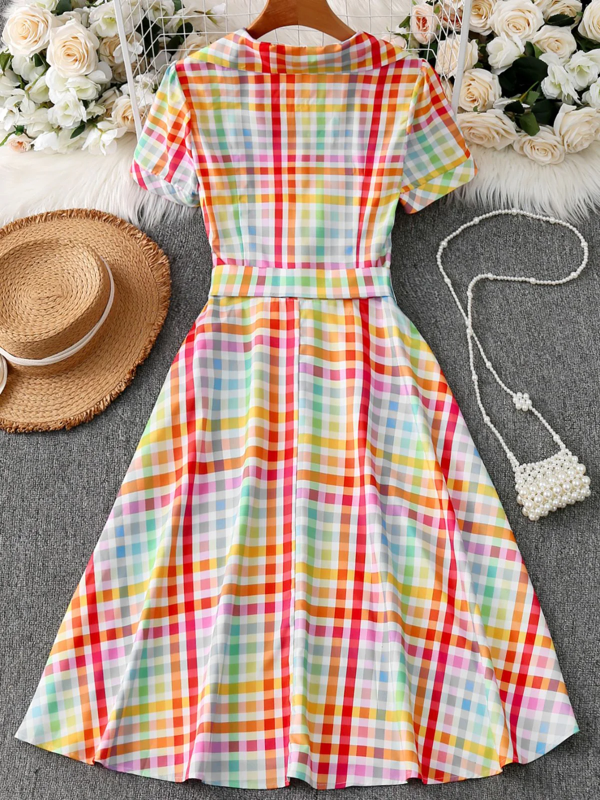 Multicolor 1940s Plaid Lapel Short Sleeve Dress - Image 8