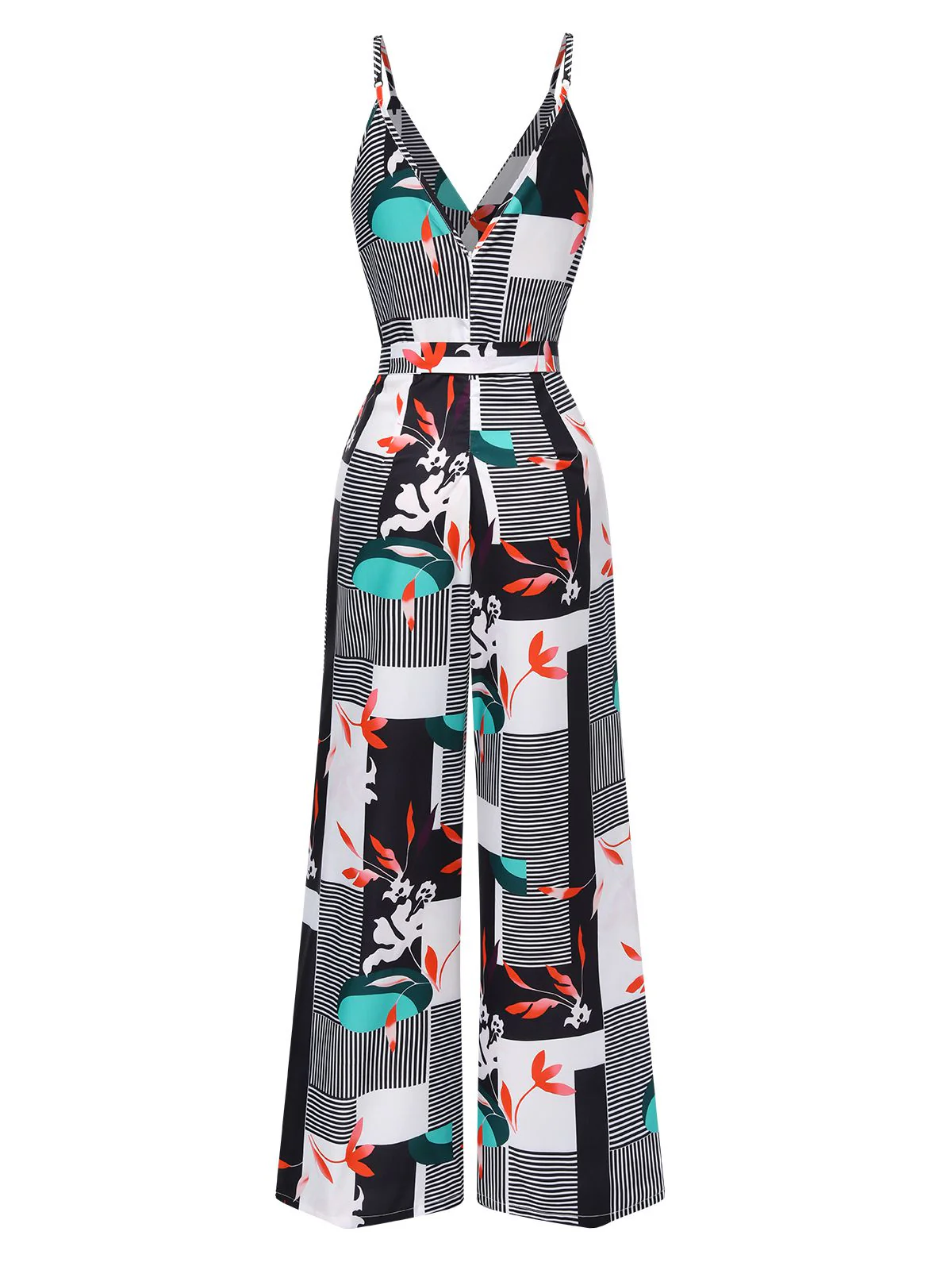 Multicolor 1970s V-Neck Geometric Plant Straps Jumpsuit - Image 2