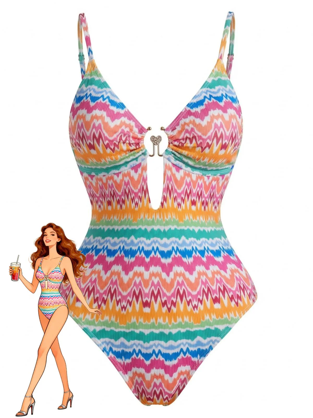 Multicolor 1950s Chevron Print Heart Ring One-Piece Swimsuit