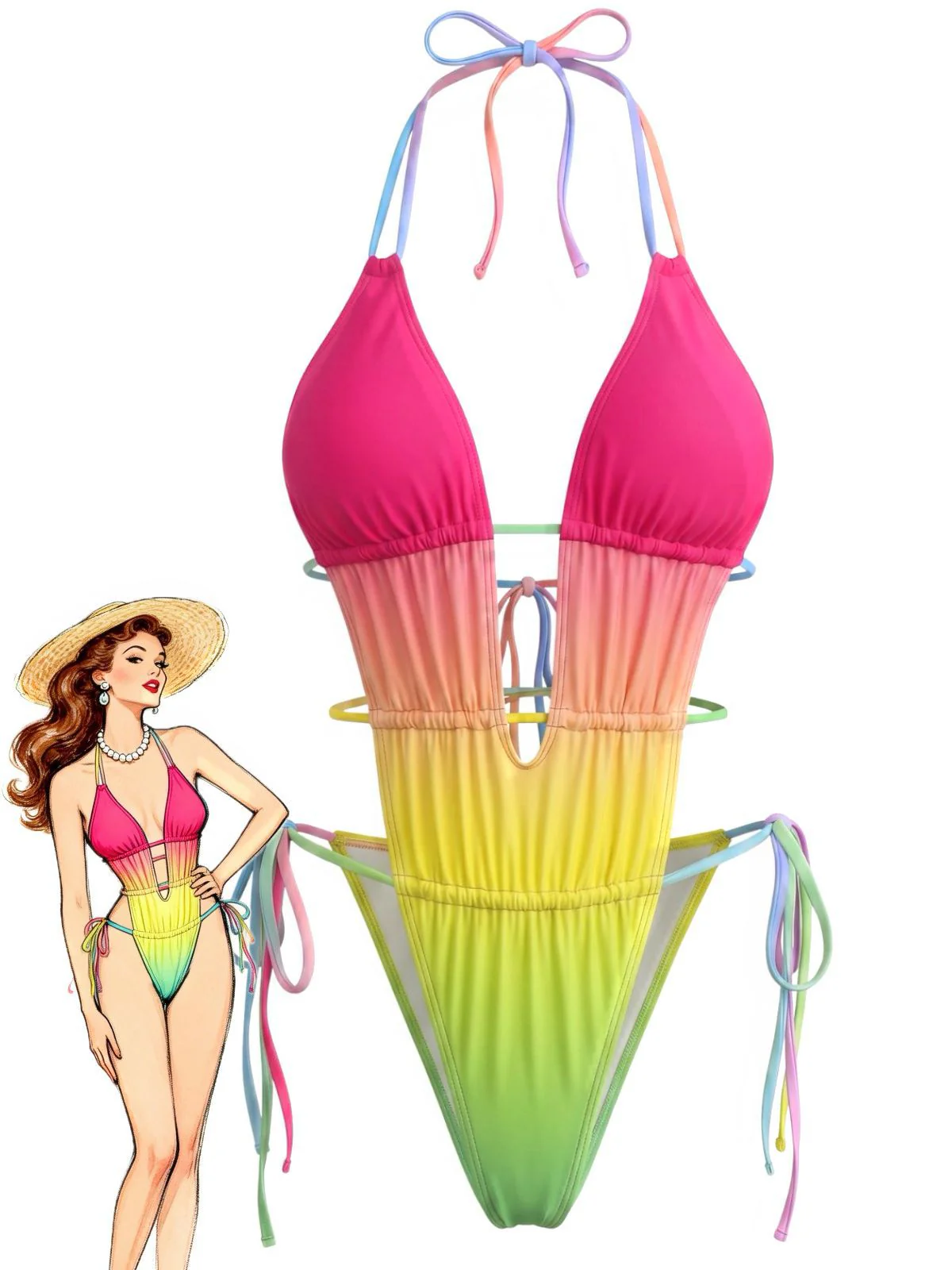 [Pre-Sale] Multicolor 1950s Ruched Gradient Beach One-Piece Swimsuit