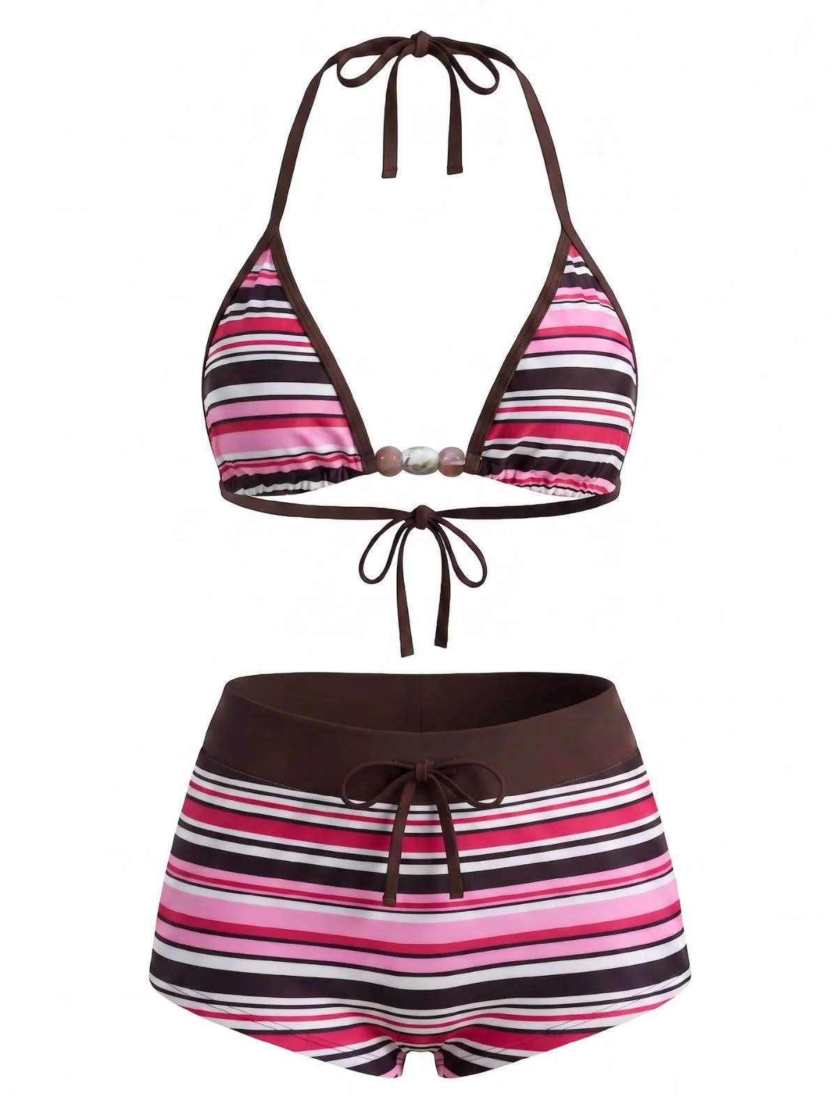1950s Tie Halter Beaded Striped Swimwear Set - Image 3