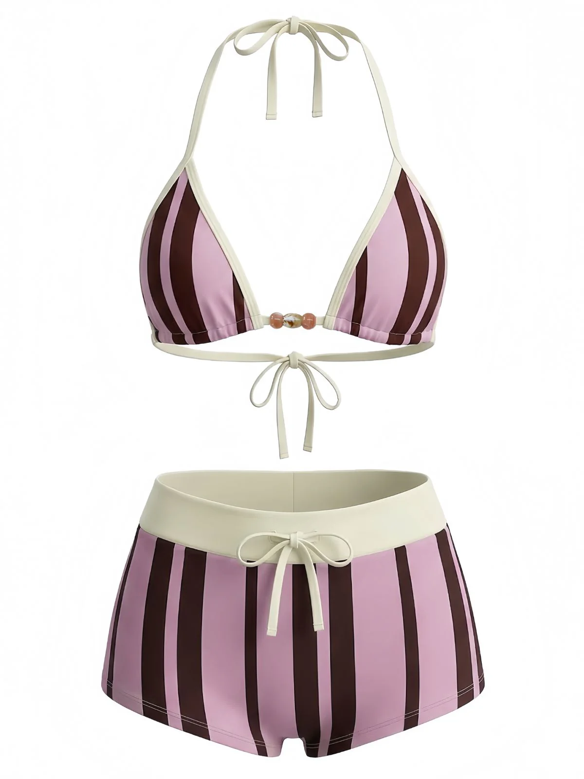 1950s Tie Halter Beaded Striped Swimwear Set