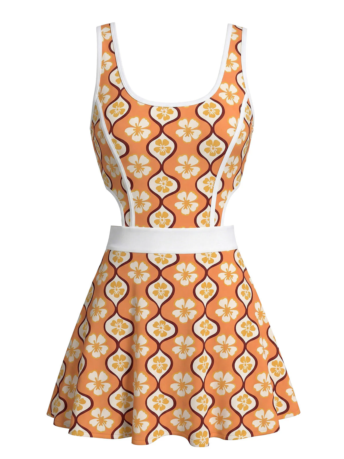 Multicolor 1960s Cherry Blossom Cutout One-Piece Swimdress