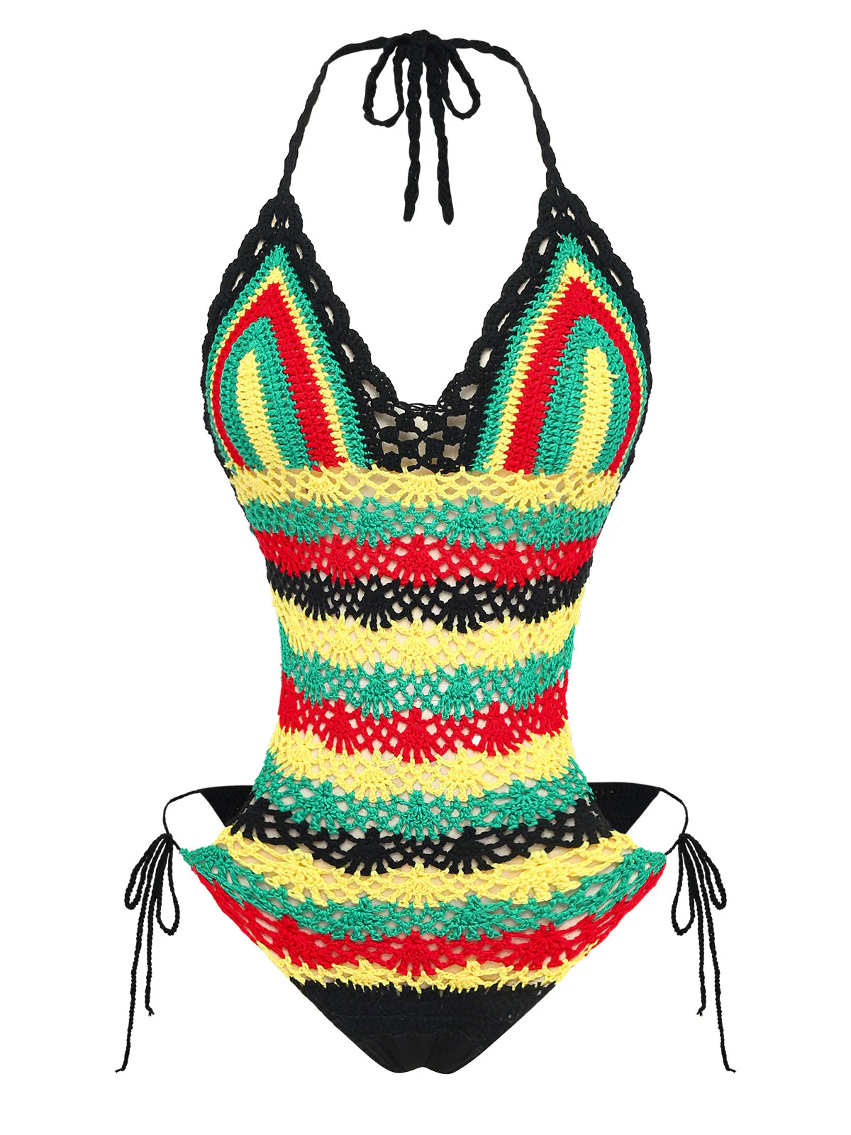 Multicolor 1960s Crochet Halter Colorblock One-Piece Swimsuit