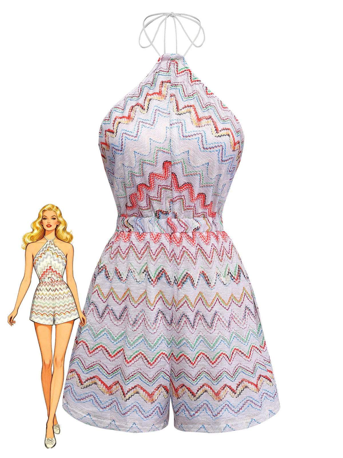 Multicolor 1960s Wave Striped Sleeveless Romper