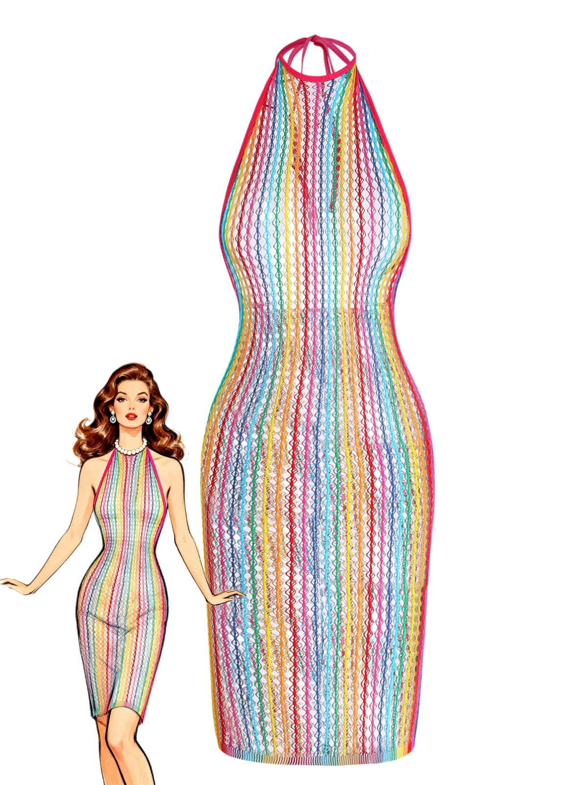 Multicolor 1960s Rainbow Mesh Halter Nightgown