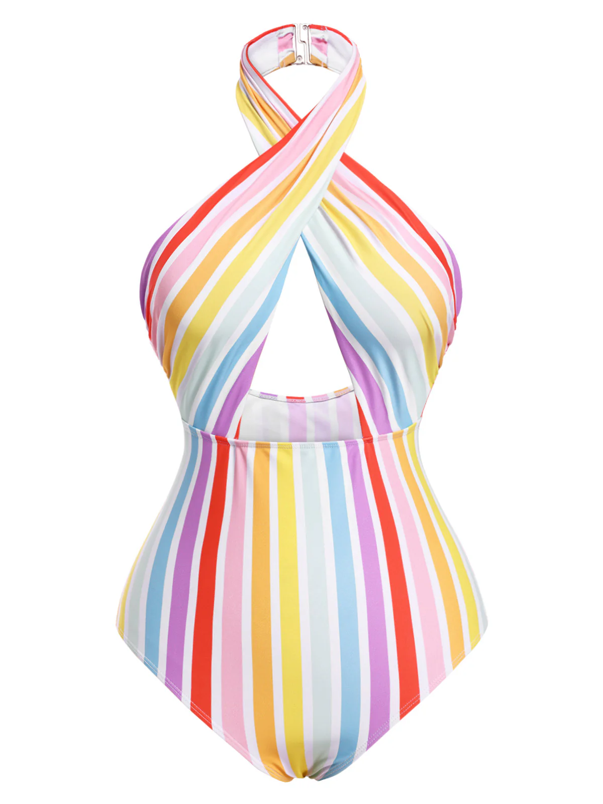 Multicolor 1960s Rainbow Stripe Halter Swimsuit - Image 2