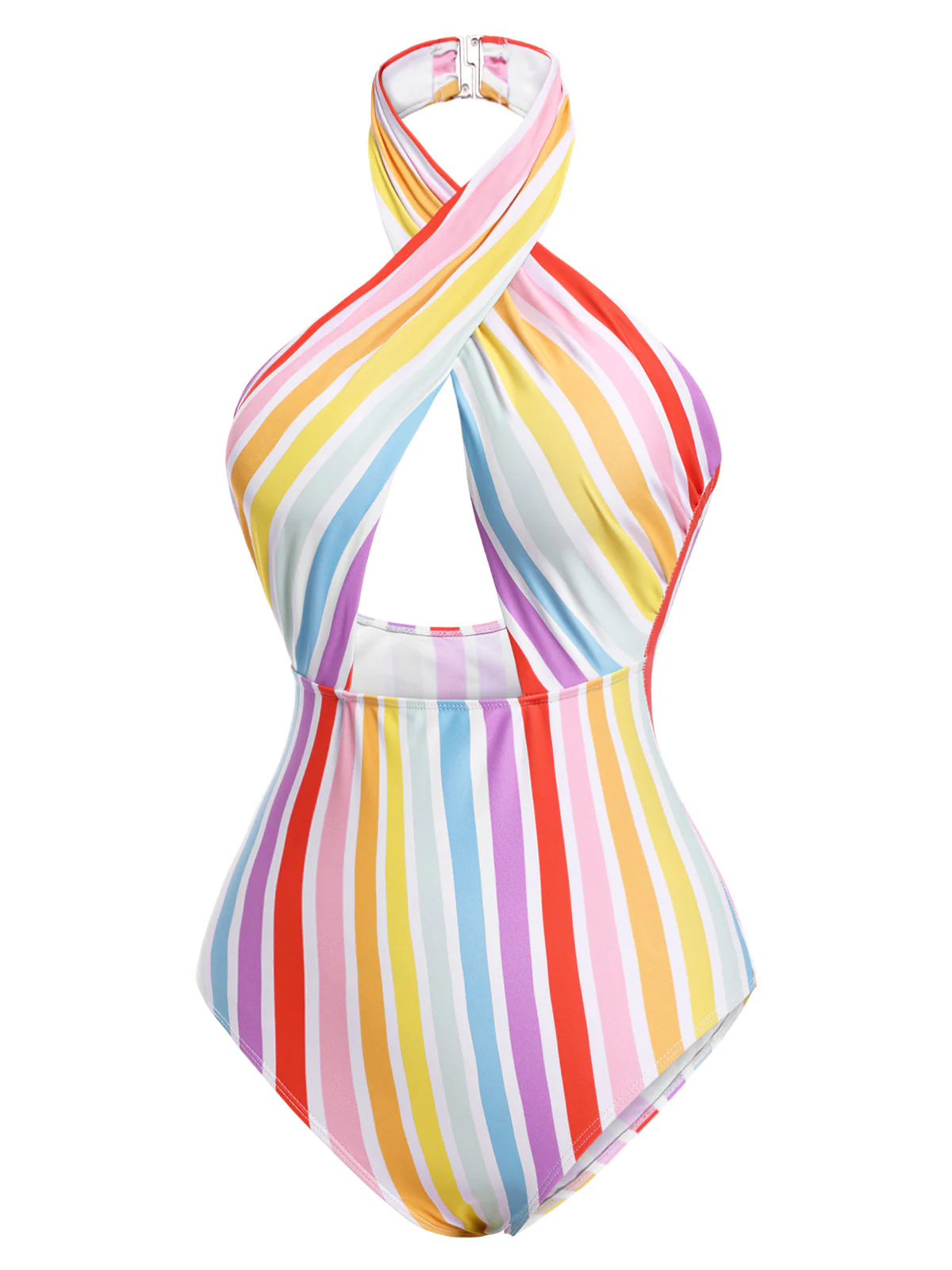 Multicolor 1960s Rainbow Stripe Halter Swimsuit - Image 3