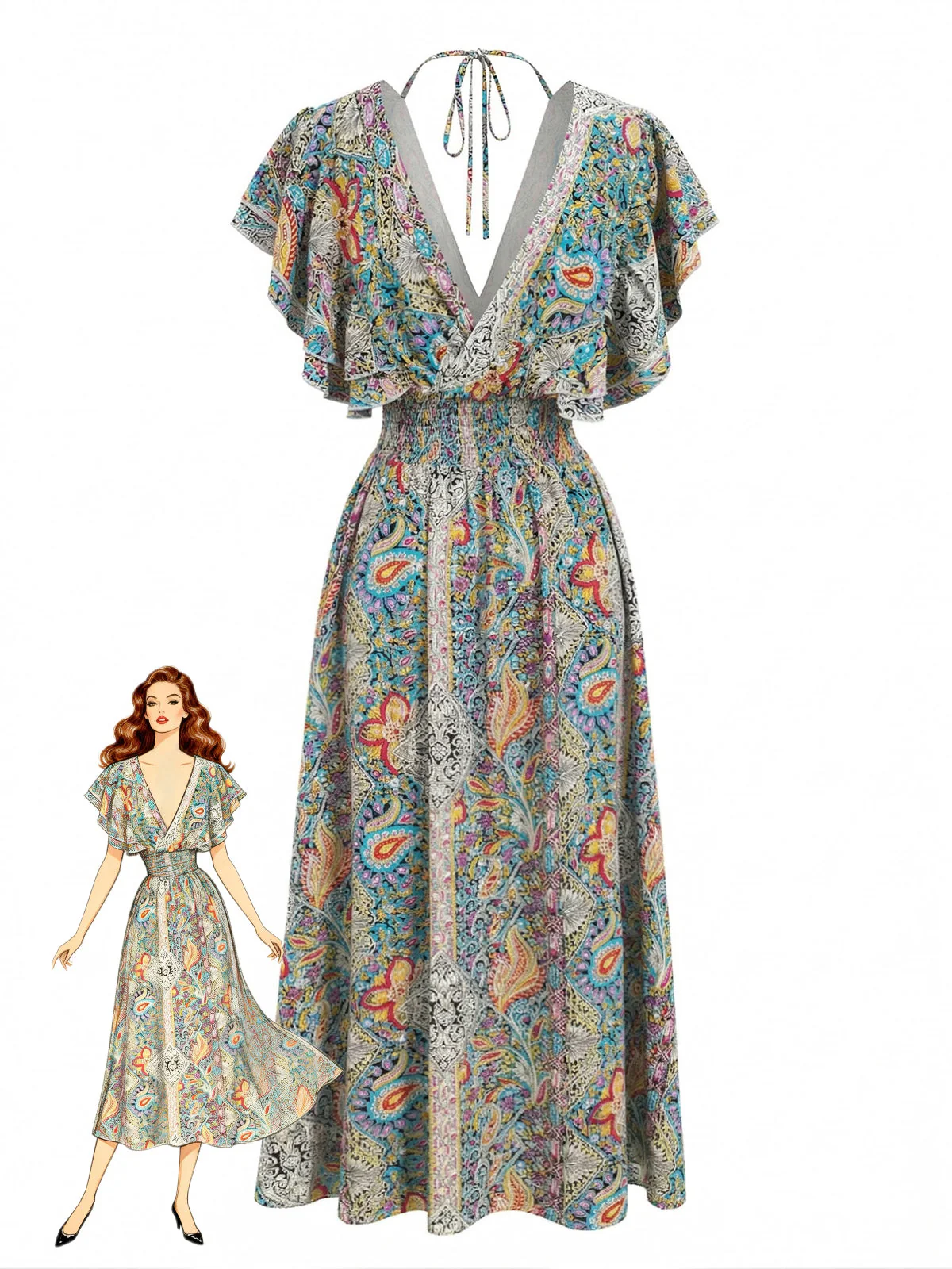 Multicolor 1970s Bohemia Ruffle Sleeve Smocked Dress