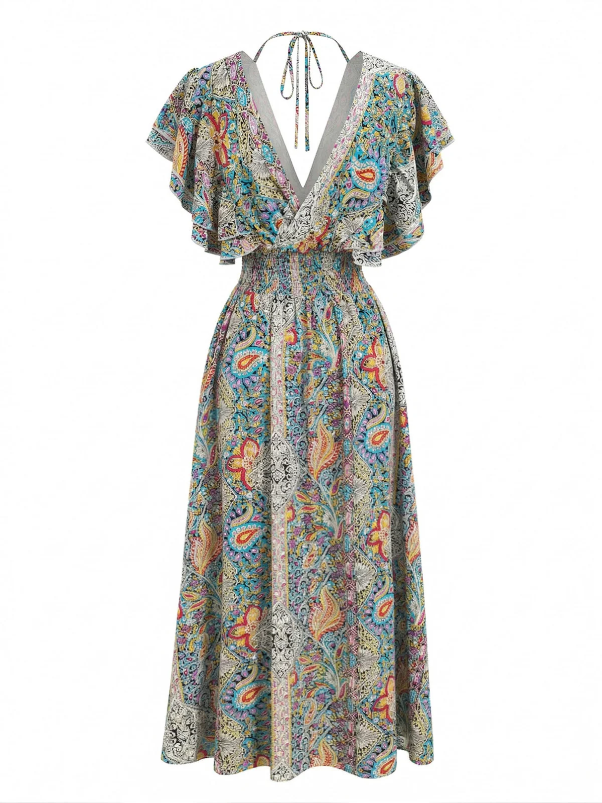 Multicolor 1970s Bohemia Ruffle Sleeve Smocked Dress - Image 3