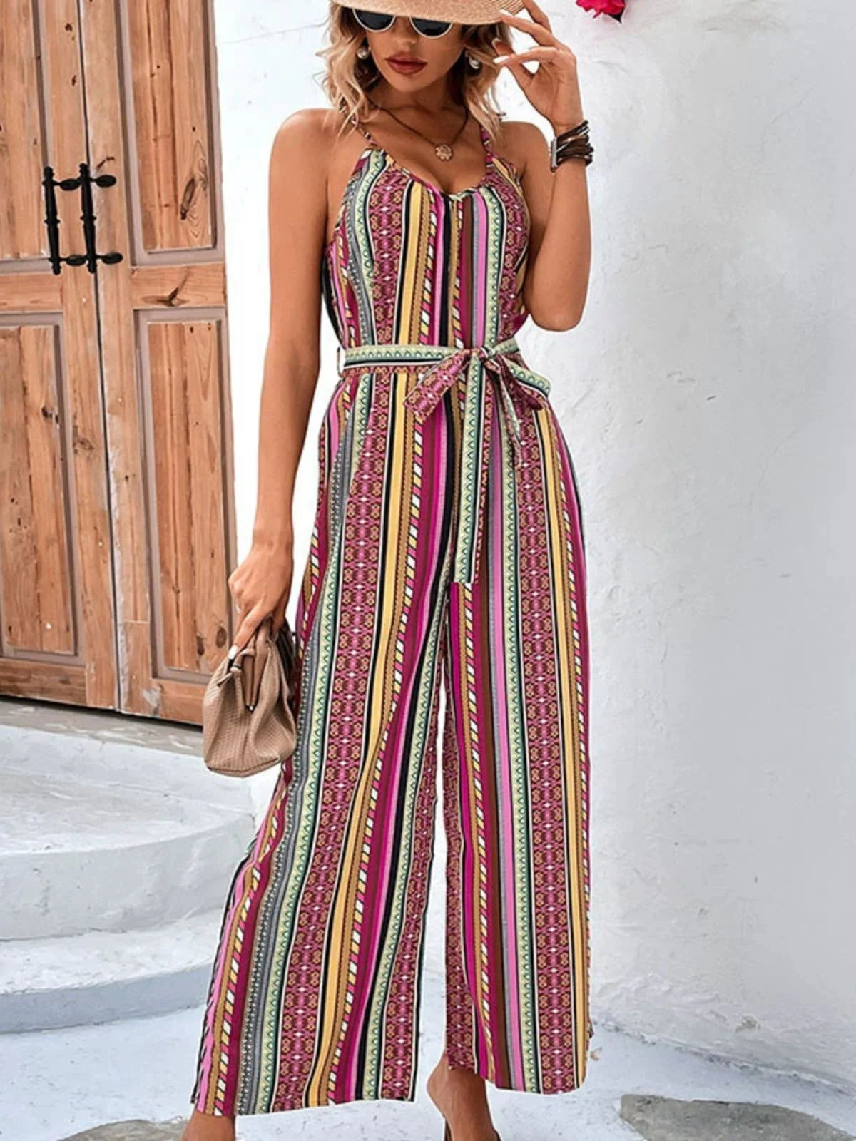 Multicolor 1970s Boho Striped Belted Wide Leg Jumpsuit - Image 3