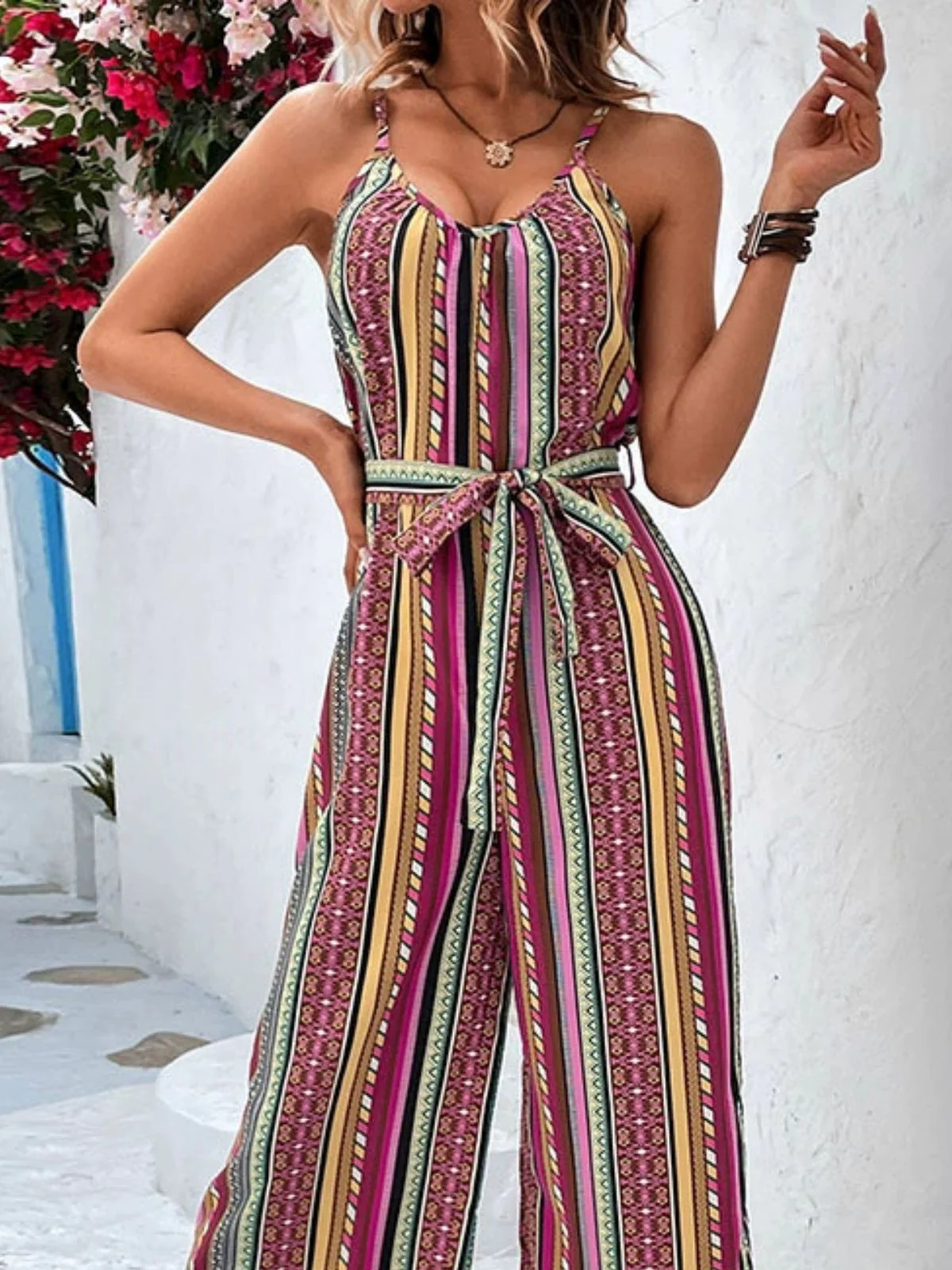 Multicolor 1970s Boho Striped Belted Wide Leg Jumpsuit - Image 4