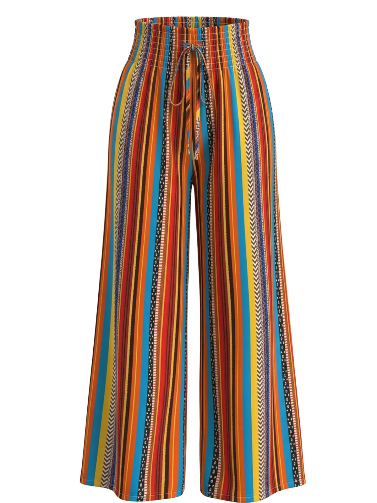 Multicolor 1970s Boho Striped Drawstring Wide-Leg Pants