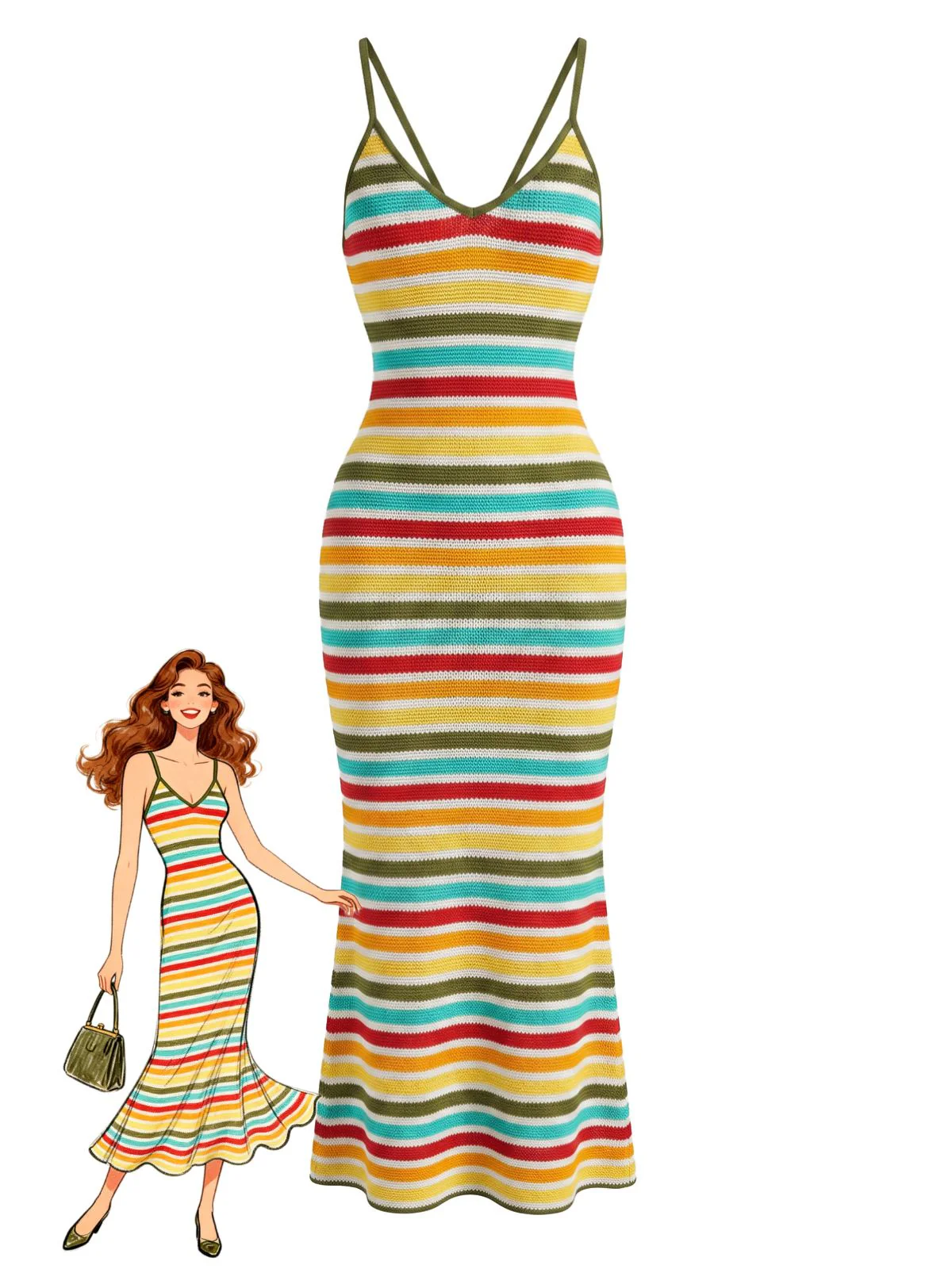 Multicolor 1970s Boho Striped Knit Backless Bodycon Dress