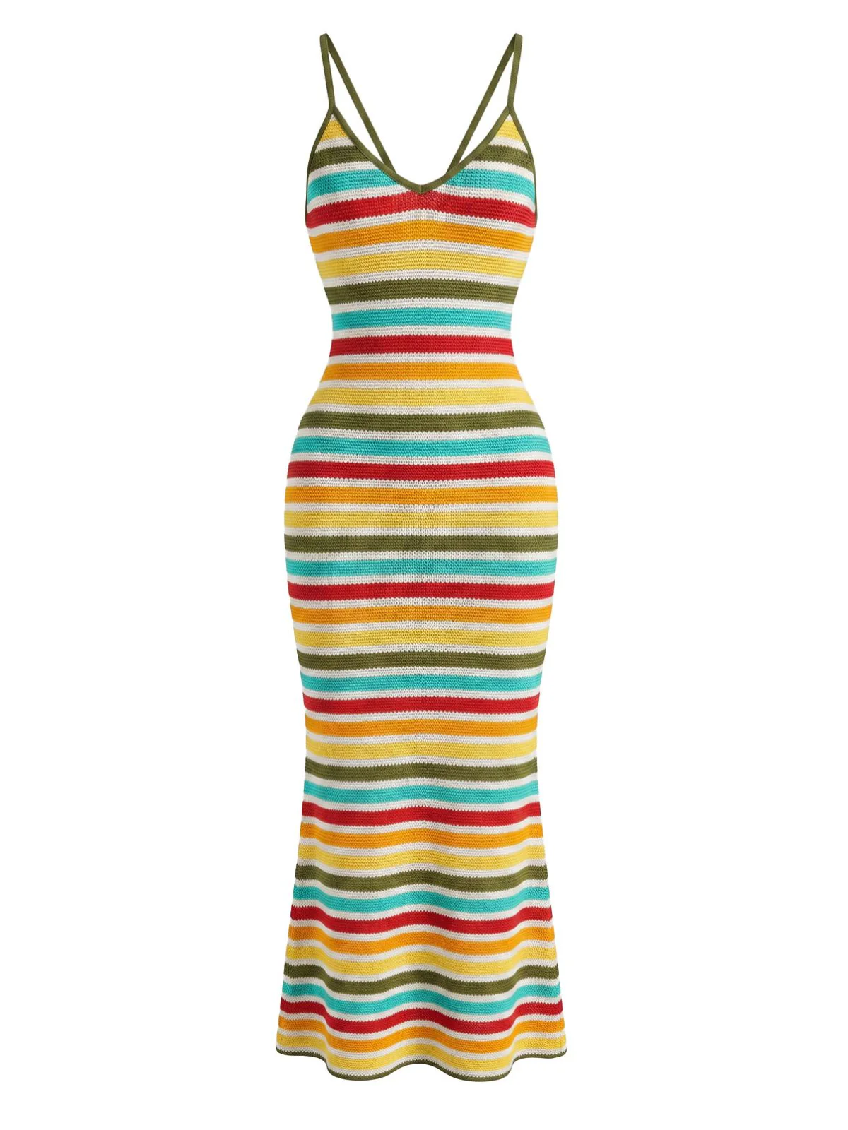 Multicolor 1970s Boho Striped Knit Backless Bodycon Dress - Image 2