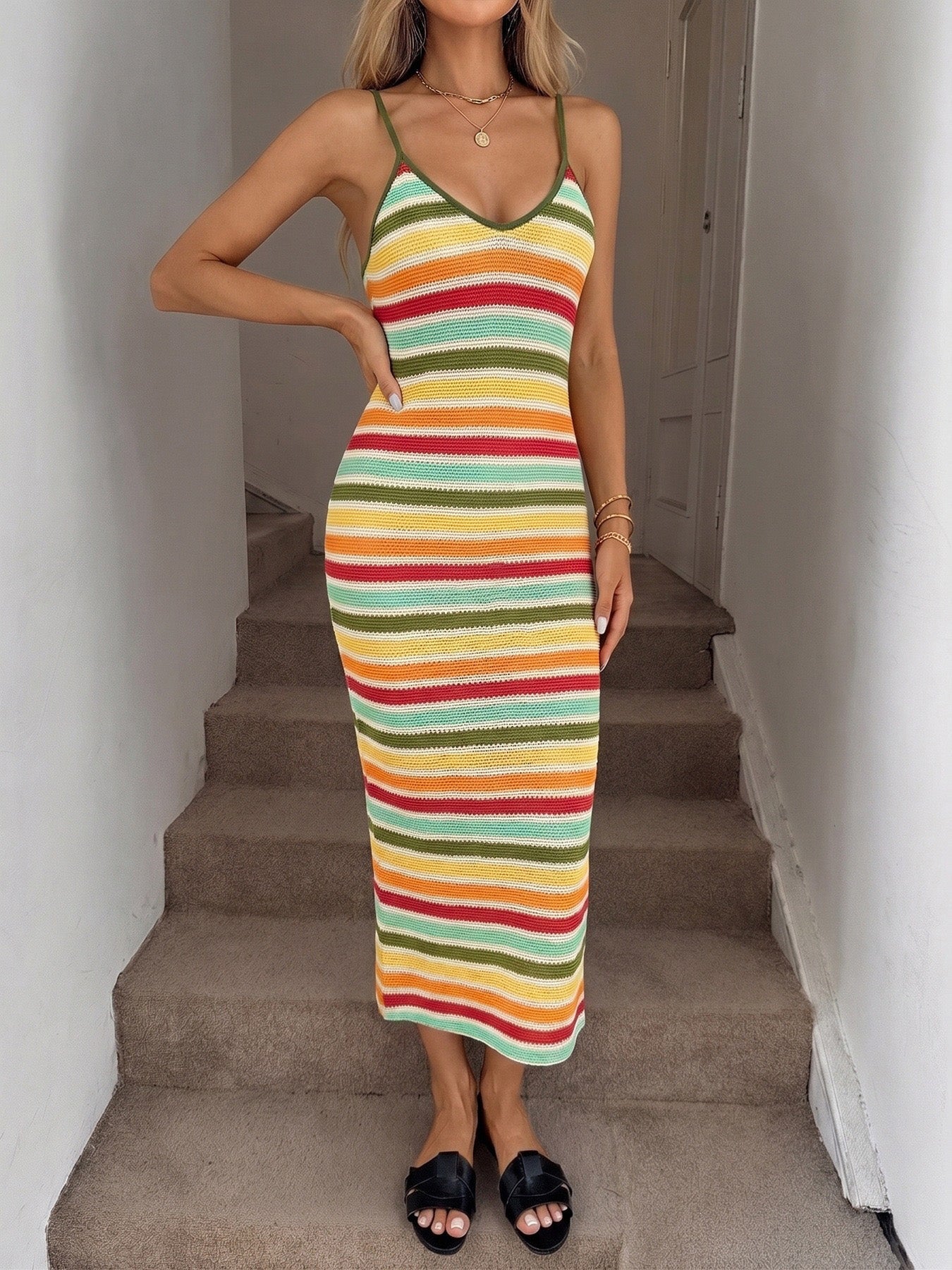 Multicolor 1970s Boho Striped Knit Backless Bodycon Dress - Image 3