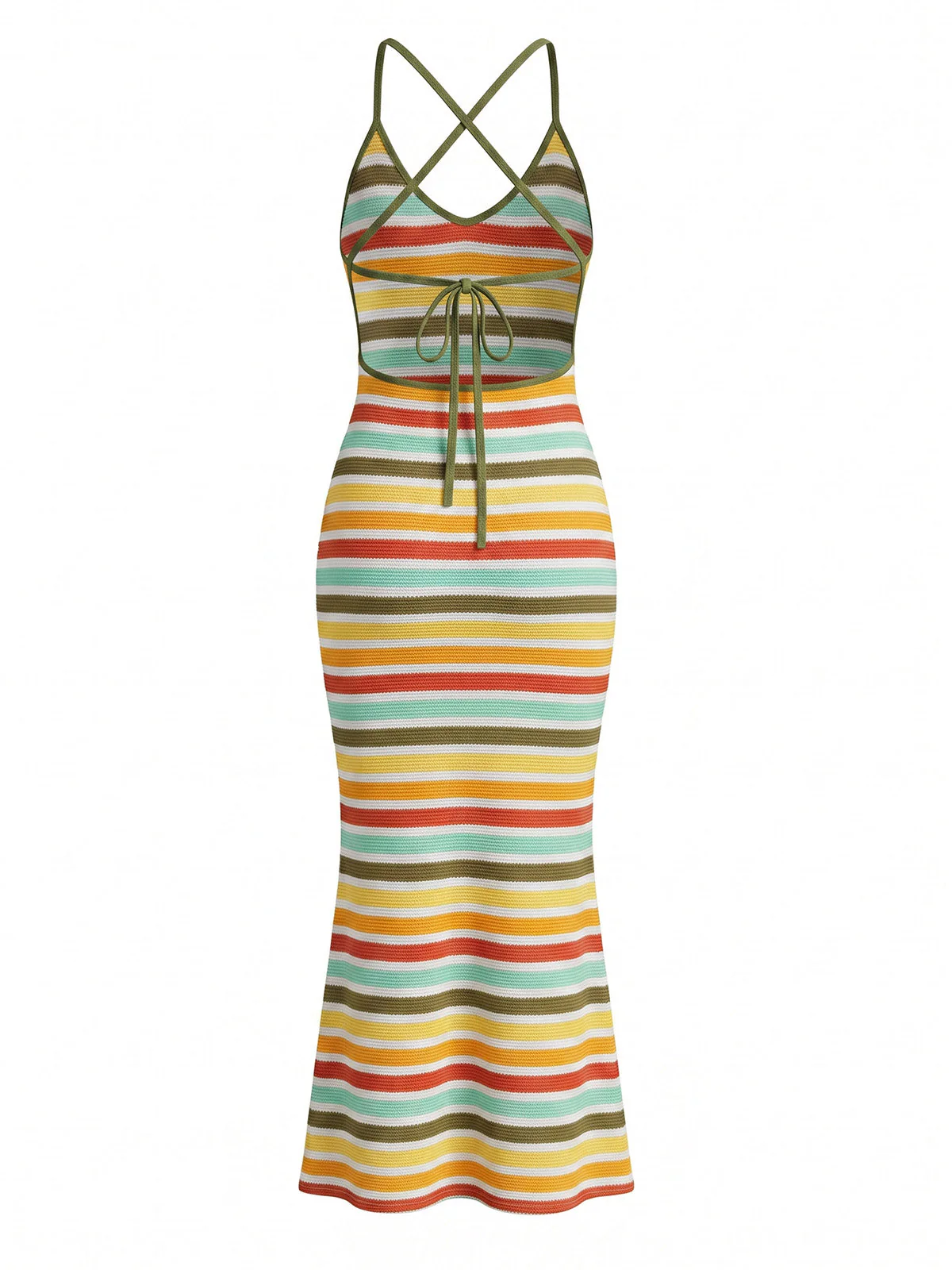 Multicolor 1970s Boho Striped Knit Backless Bodycon Dress - Image 4