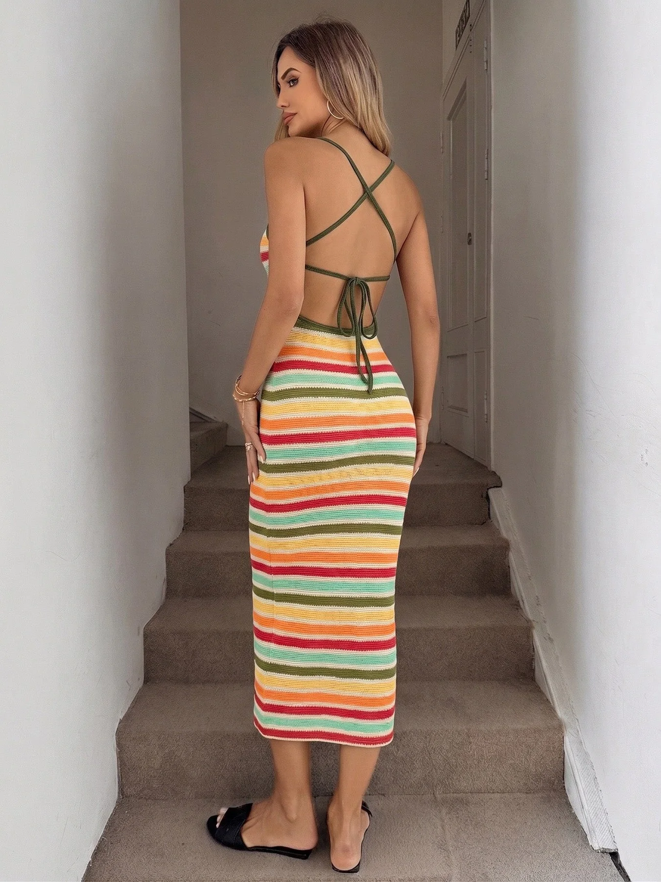 Multicolor 1970s Boho Striped Knit Backless Bodycon Dress - Image 5