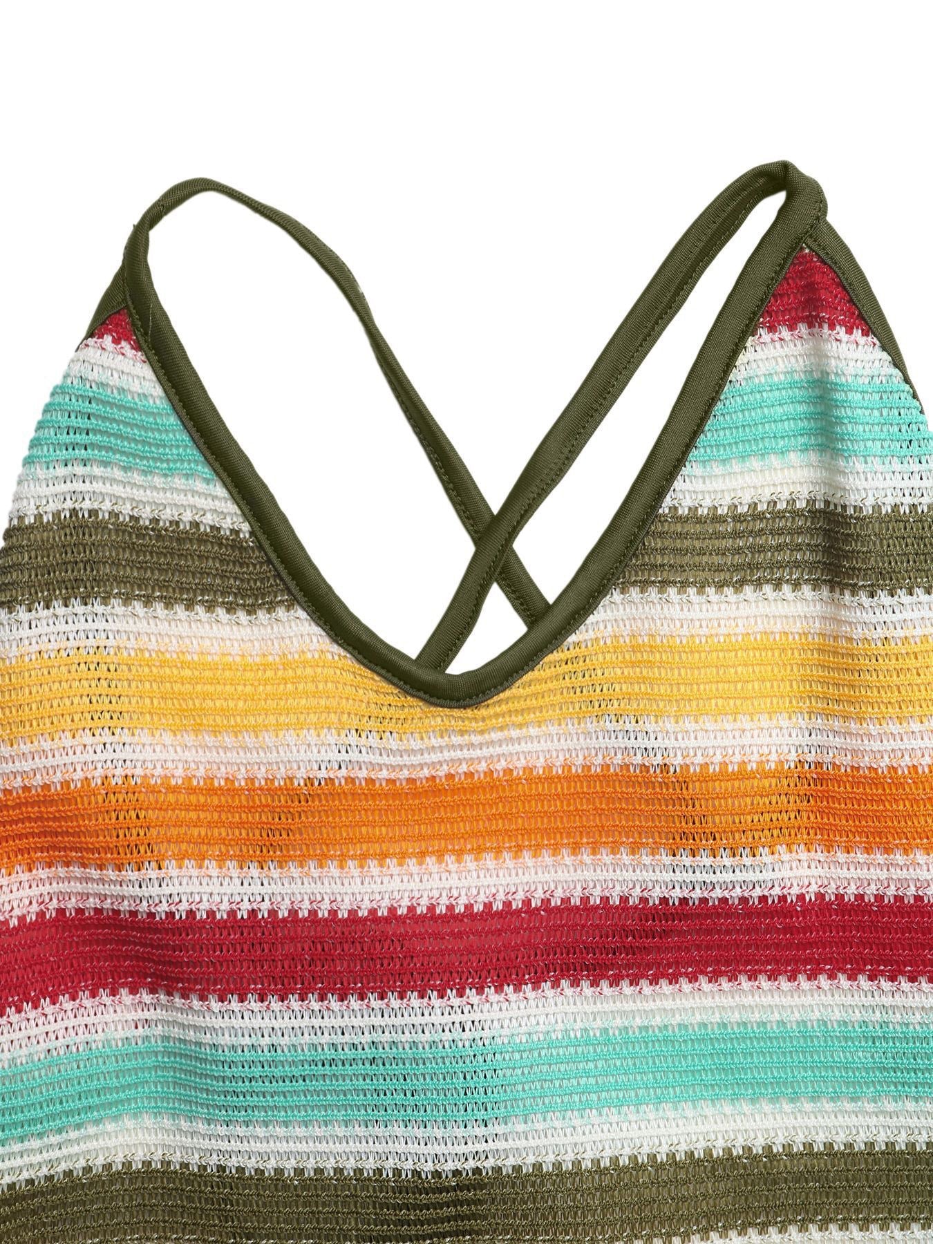 Multicolor 1970s Boho Striped Knit Backless Bodycon Dress - Image 6