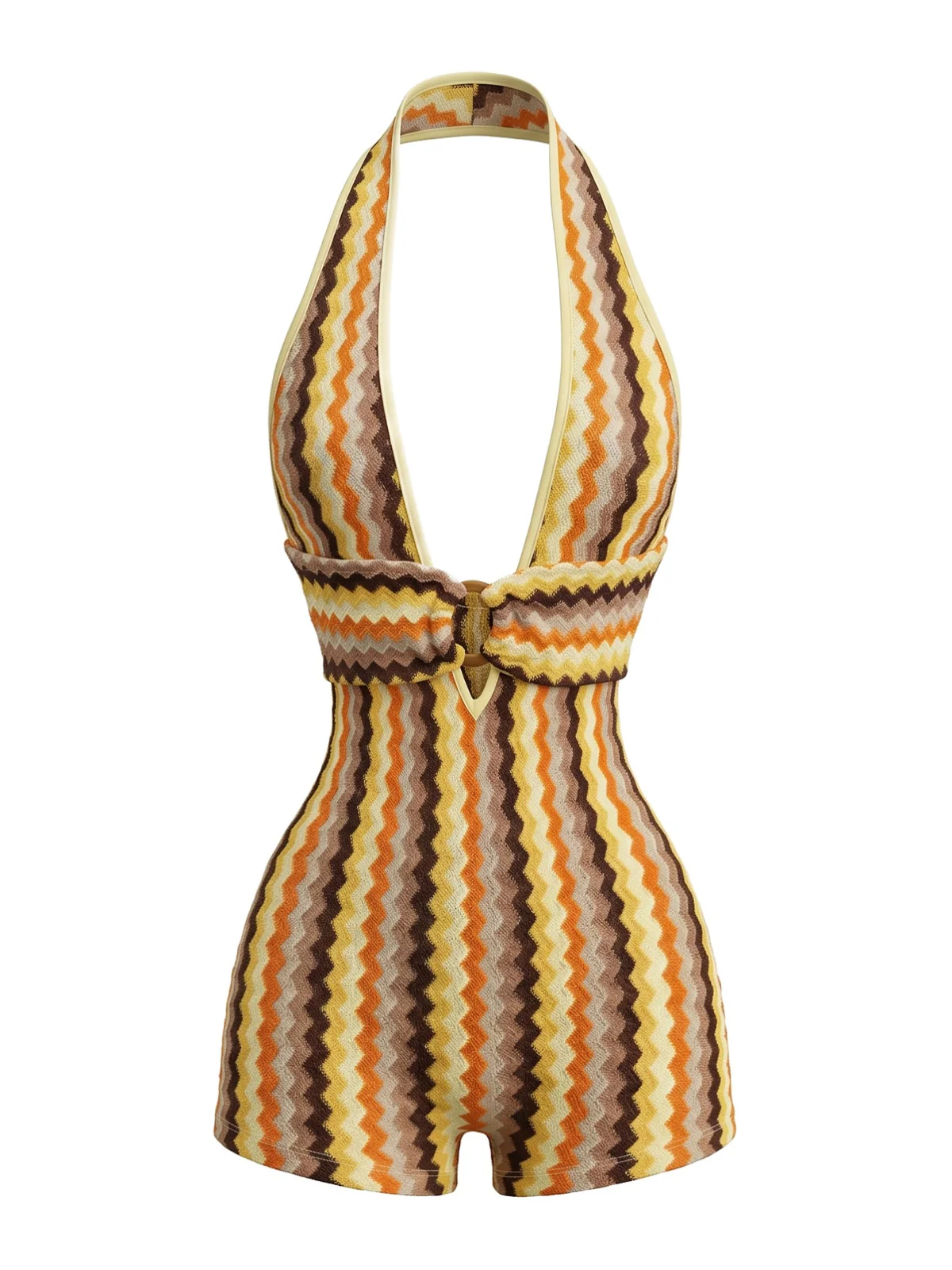 Multicolor 1970s Halter Deep V-Neck Zig-Zag Knit Romper - Image 2