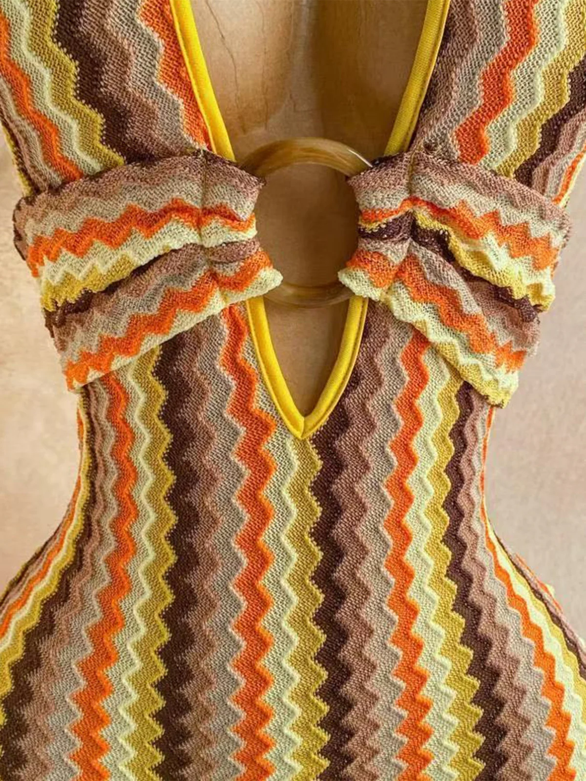 Multicolor 1970s Halter Deep V-Neck Zig-Zag Knit Romper - Image 6