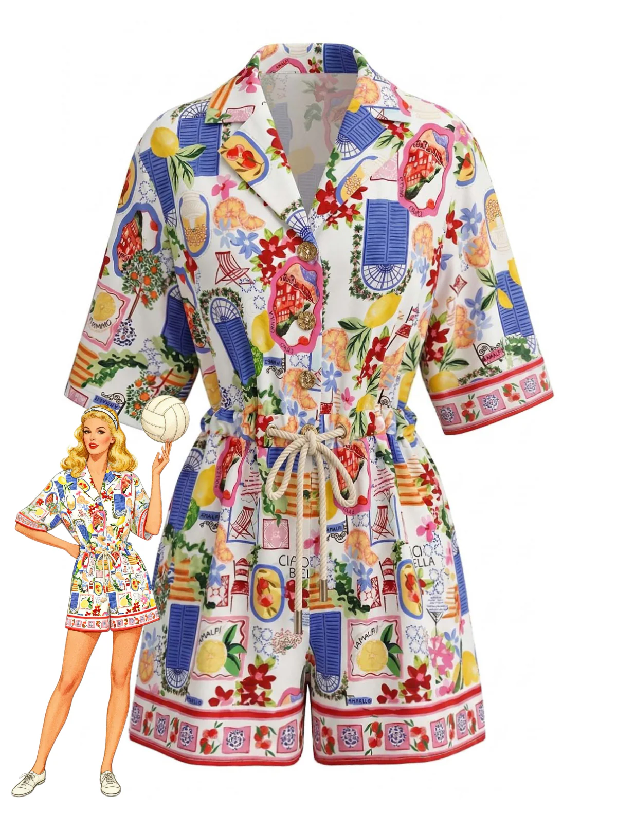 Multicolor 1970s Lapel Fruit Print Short Sleeve Romper