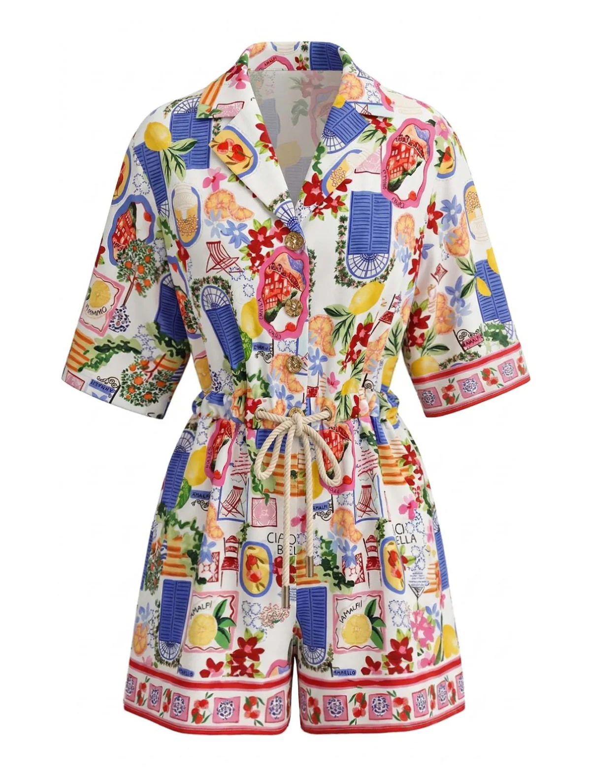 Multicolor 1970s Lapel Fruit Print Short Sleeve Romper - Image 2