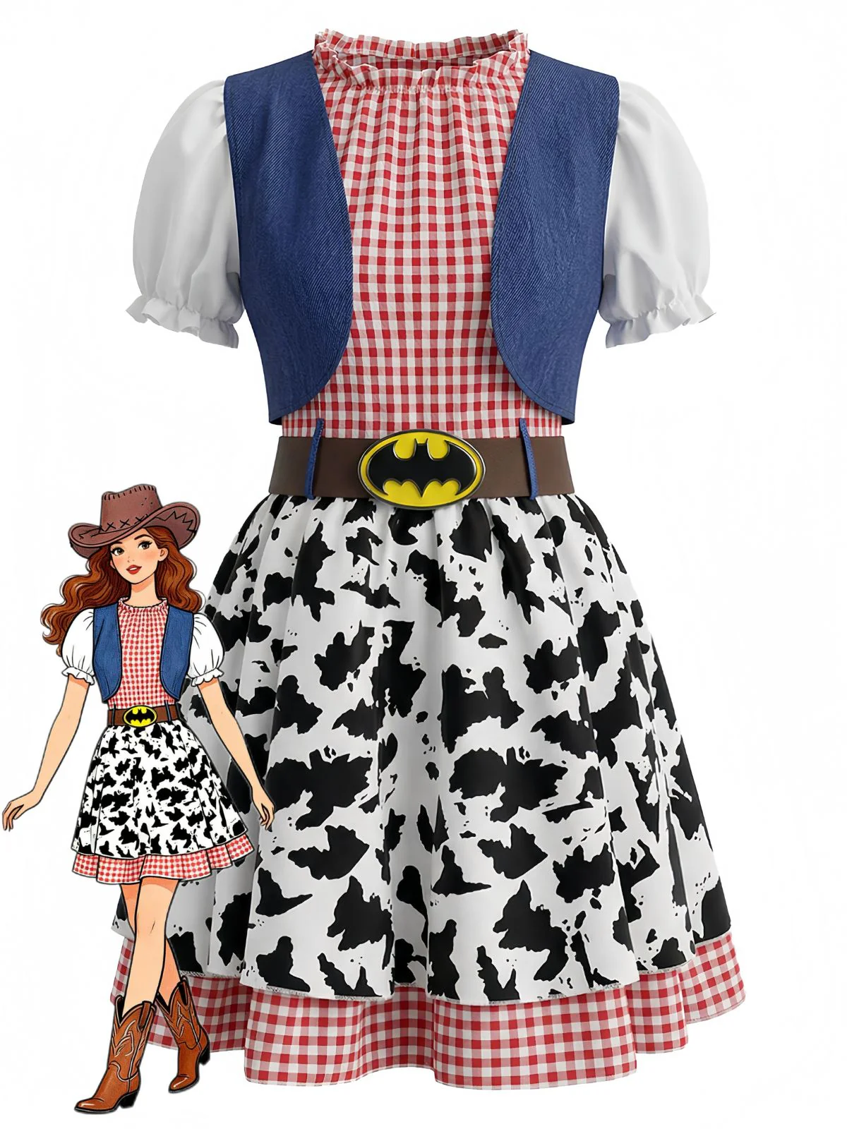 Multicolor 1970s Plaid Bats Cow Skin Patchwork Dress