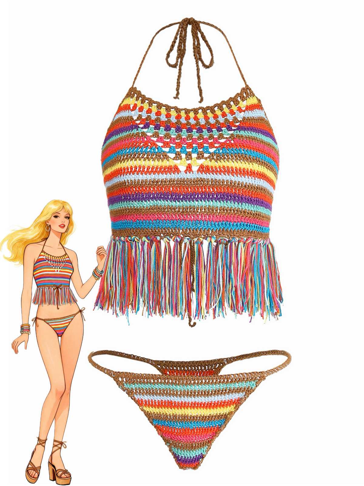 Multicolor 1970s Striped Tassel Crochet Halter Bikini Set