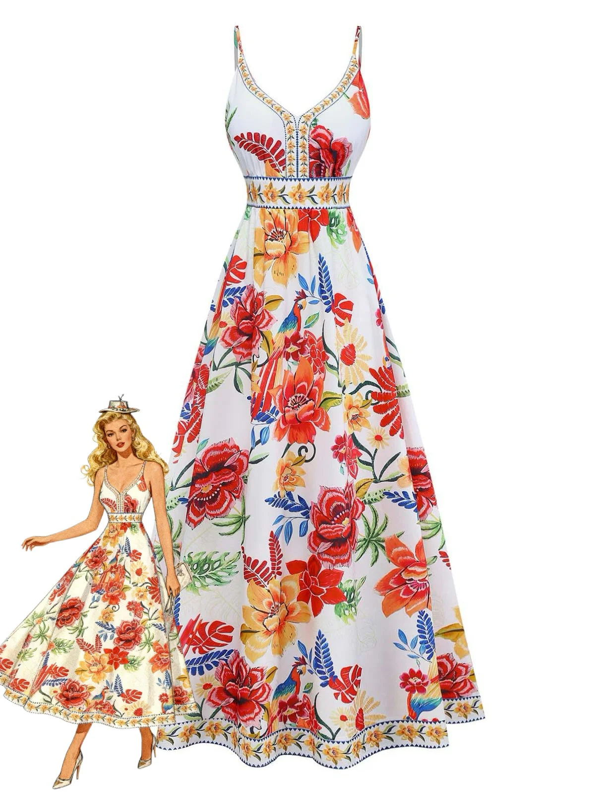 Multicolor 1970s V-Neck Floral Sleeveless Maxi Dress