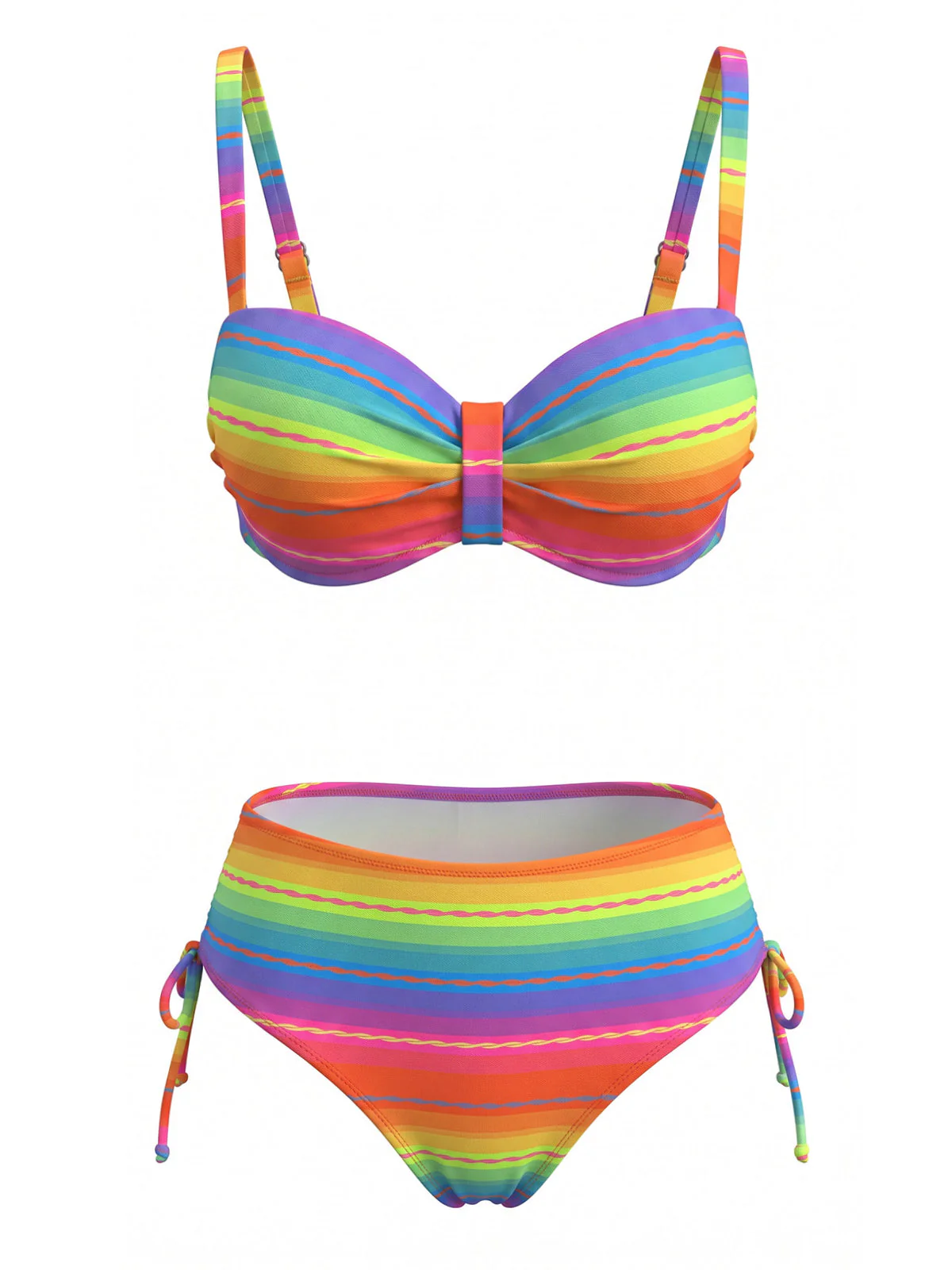 Multicolor 1980s Rainbow Ruched Bikini Set - Image 2