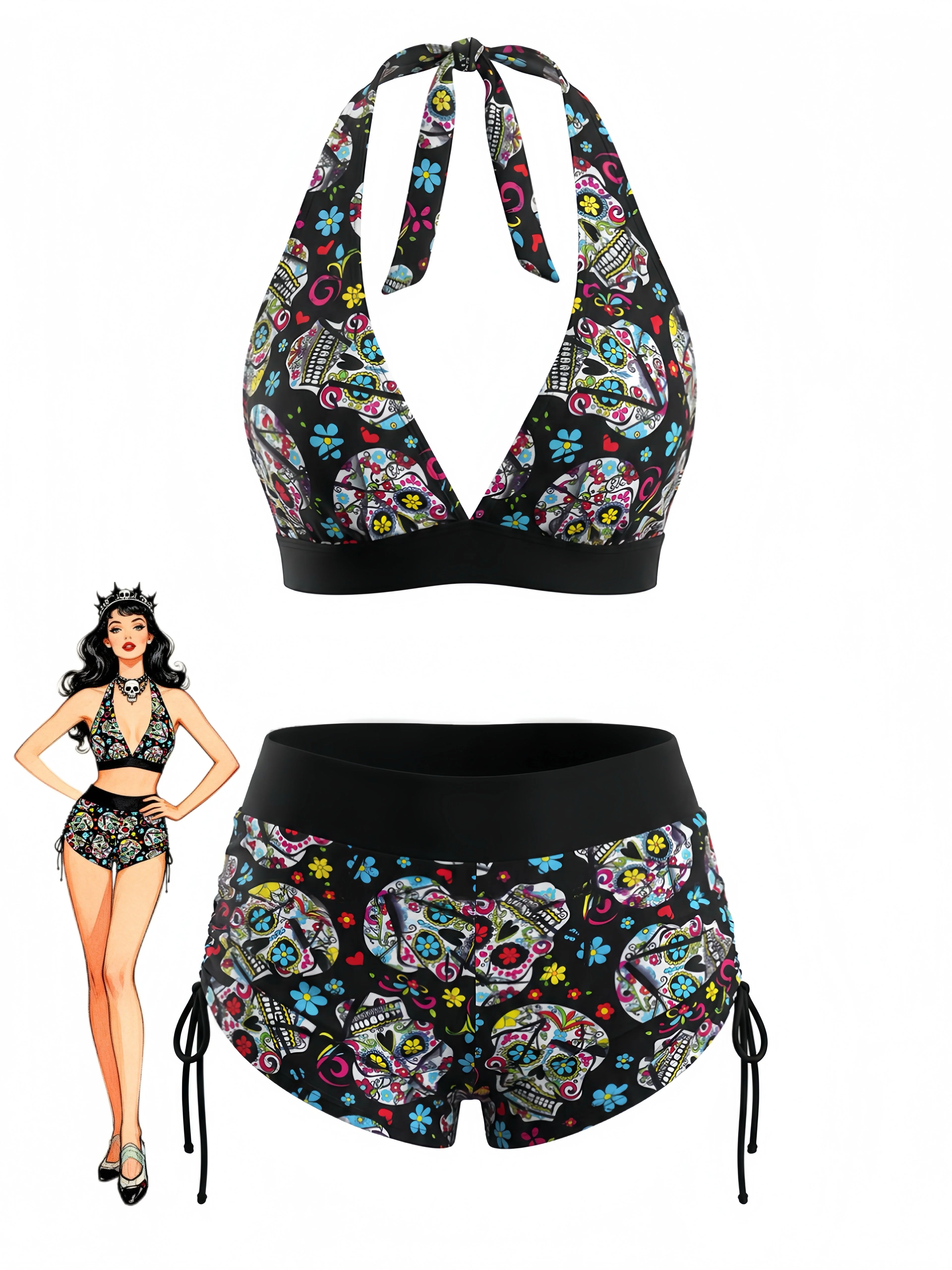 Multicolor 1980s Sugar Skull Halter Gothic Bikini Set