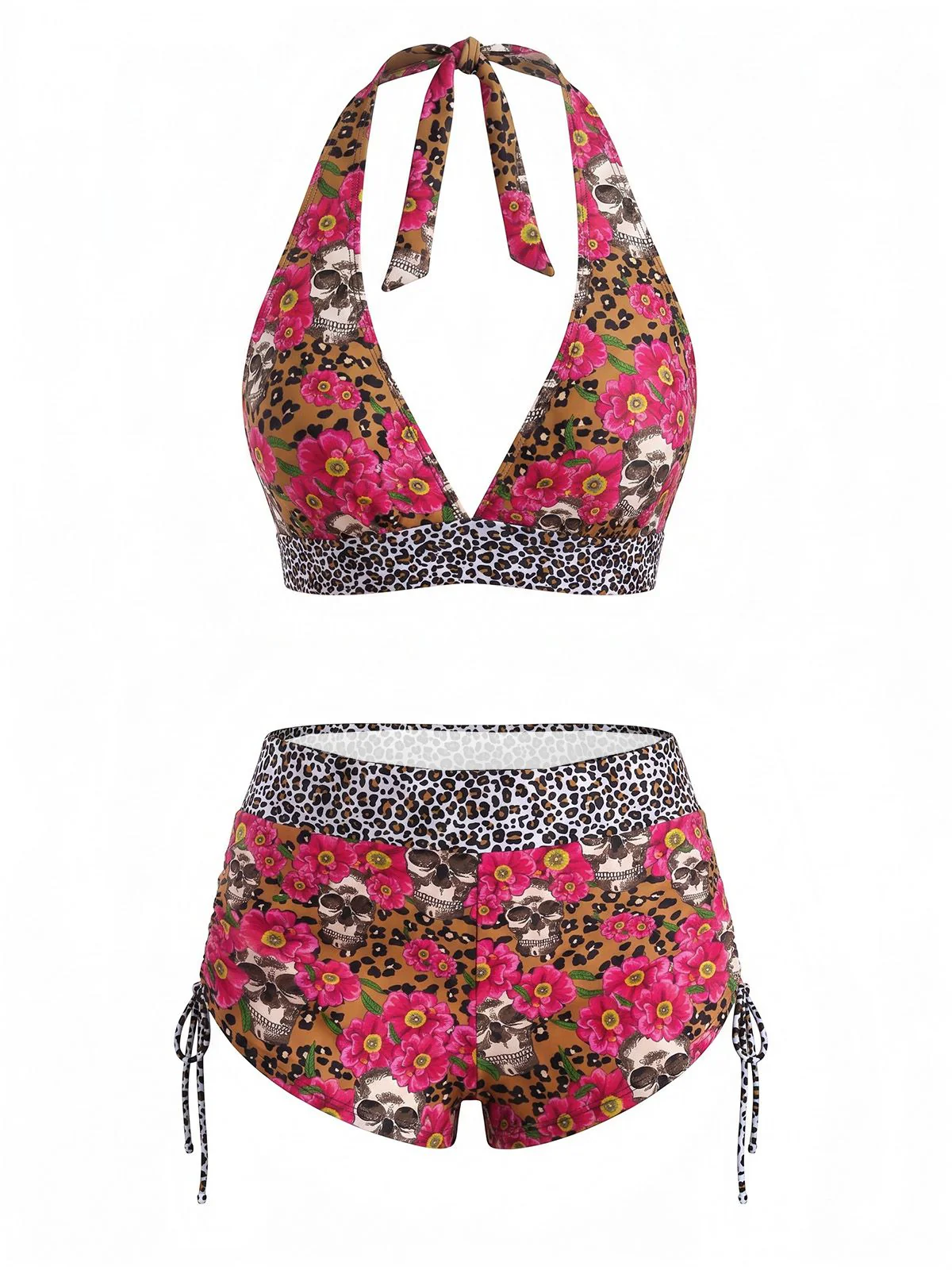 Multicolor 1980s Sugar Skull Halter Gothic Bikini Set - Image 6