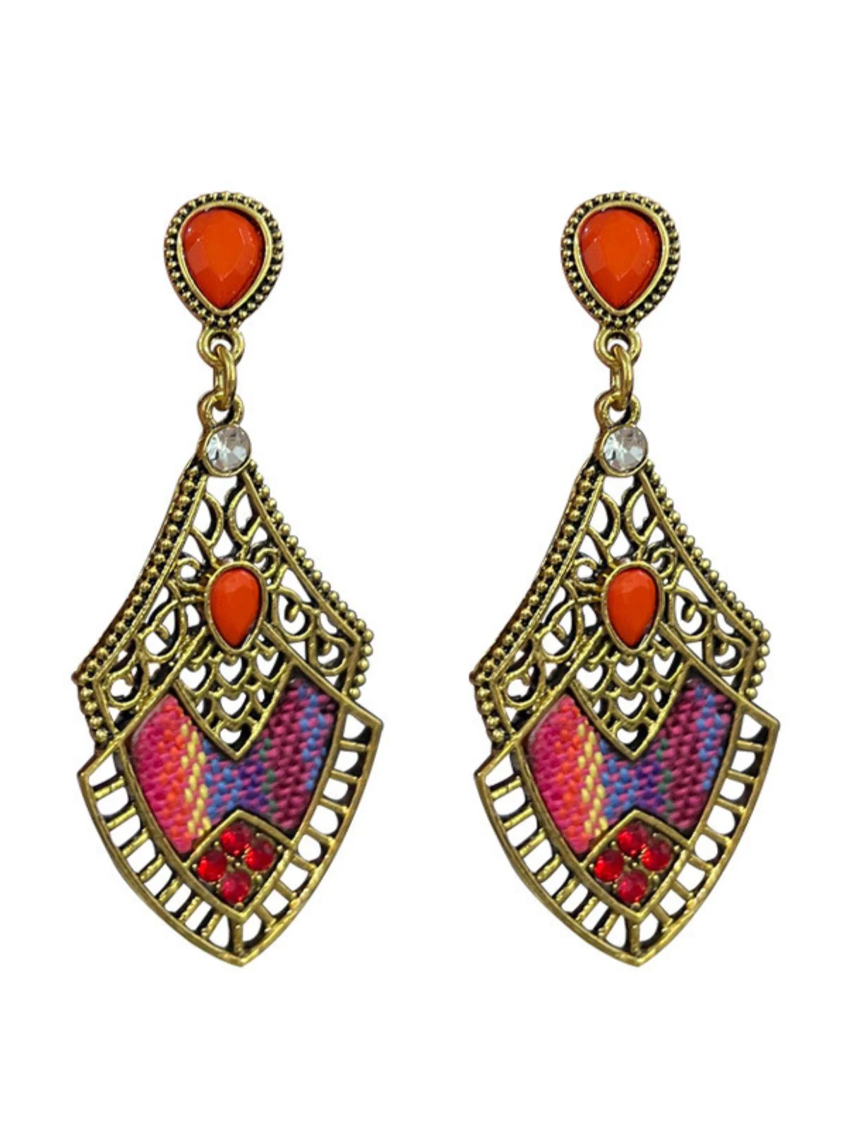 Multicolor Bohemian Filigree Plaid Fabric Rhinestone Drop Earrings
