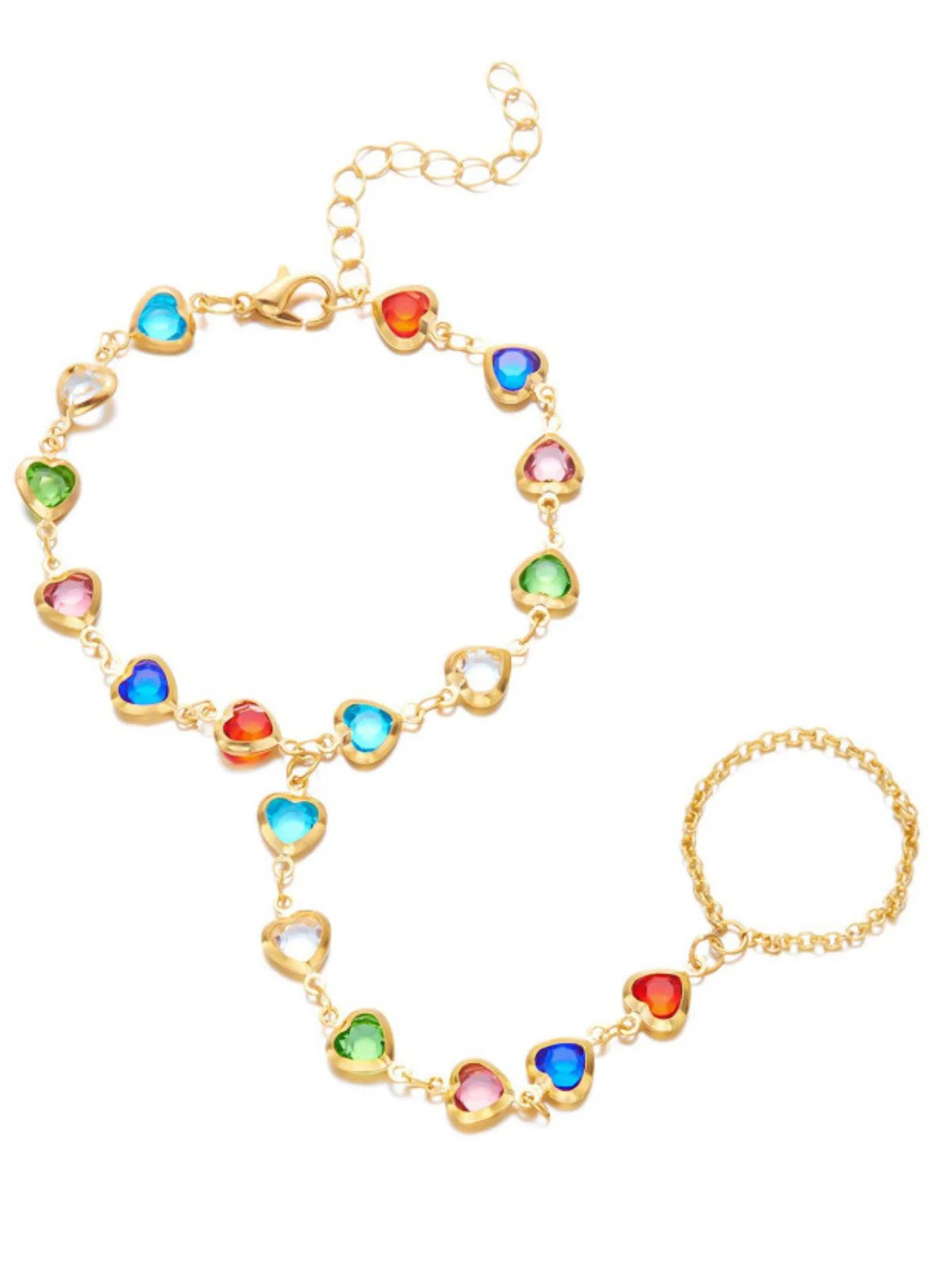 Multicolor Heart-Shape Rhinestone Hand-to-Finger Bracelet