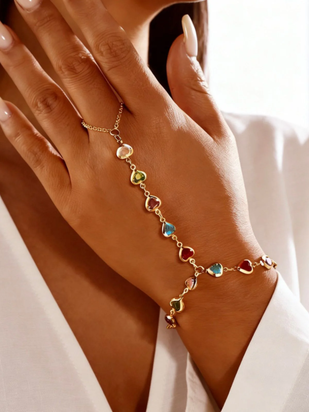 Multicolor Heart-Shape Rhinestone Hand-to-Finger Bracelet - Image 2
